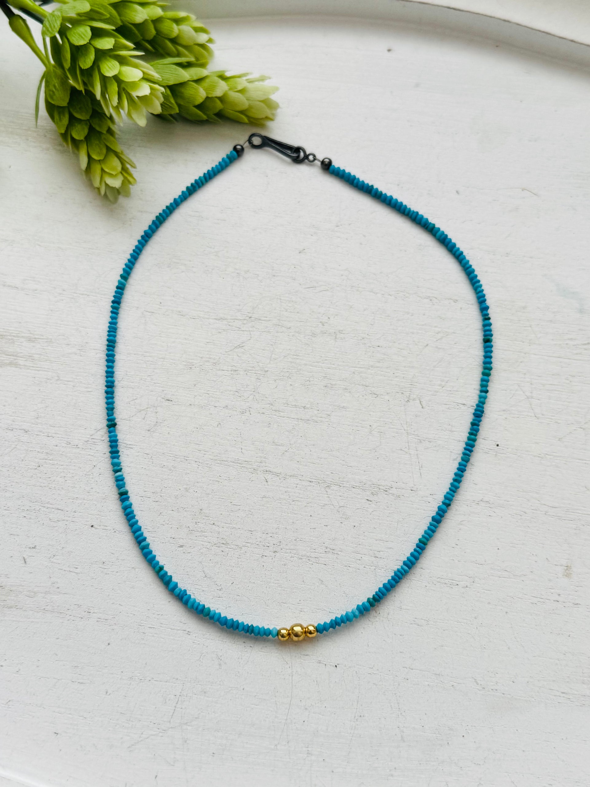 Navajo Strung Kingman Turquoise & 14 K Gold Plated Sterling Silver Graduated Beaded Pearl Necklace