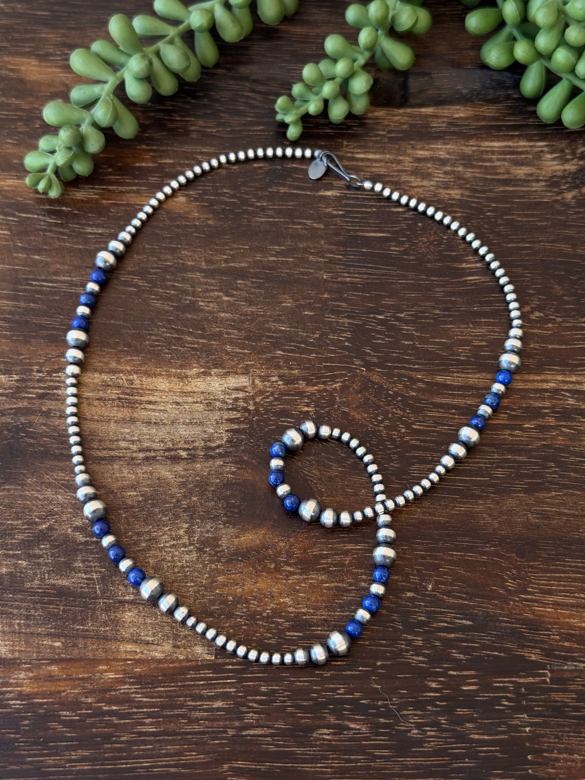 Navajo Strung Lapis & Sterling Silver Graduated Pearl Necklace