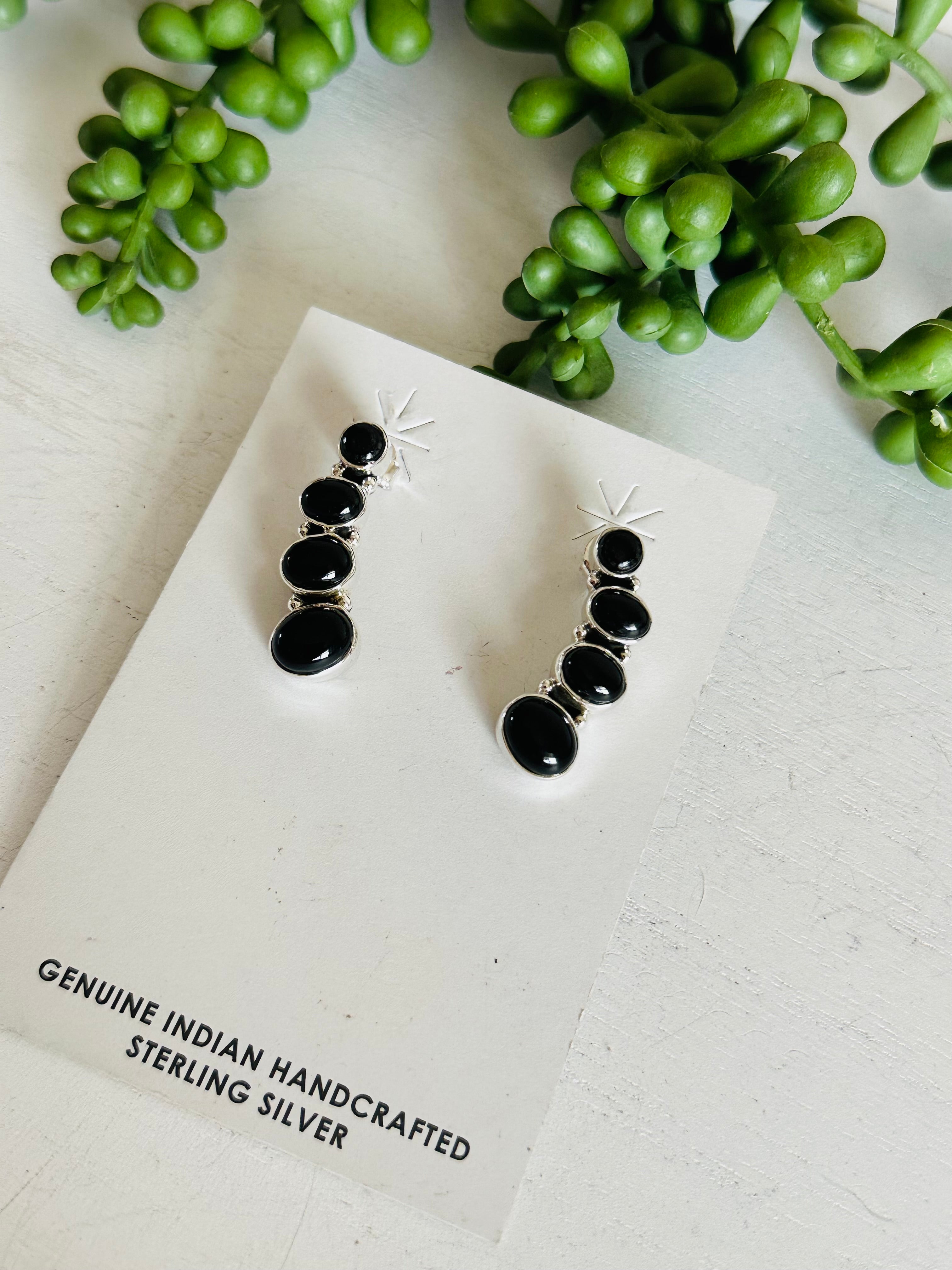 Southwest Handmade Onyx & Sterling Silver Post Cluster Earrings