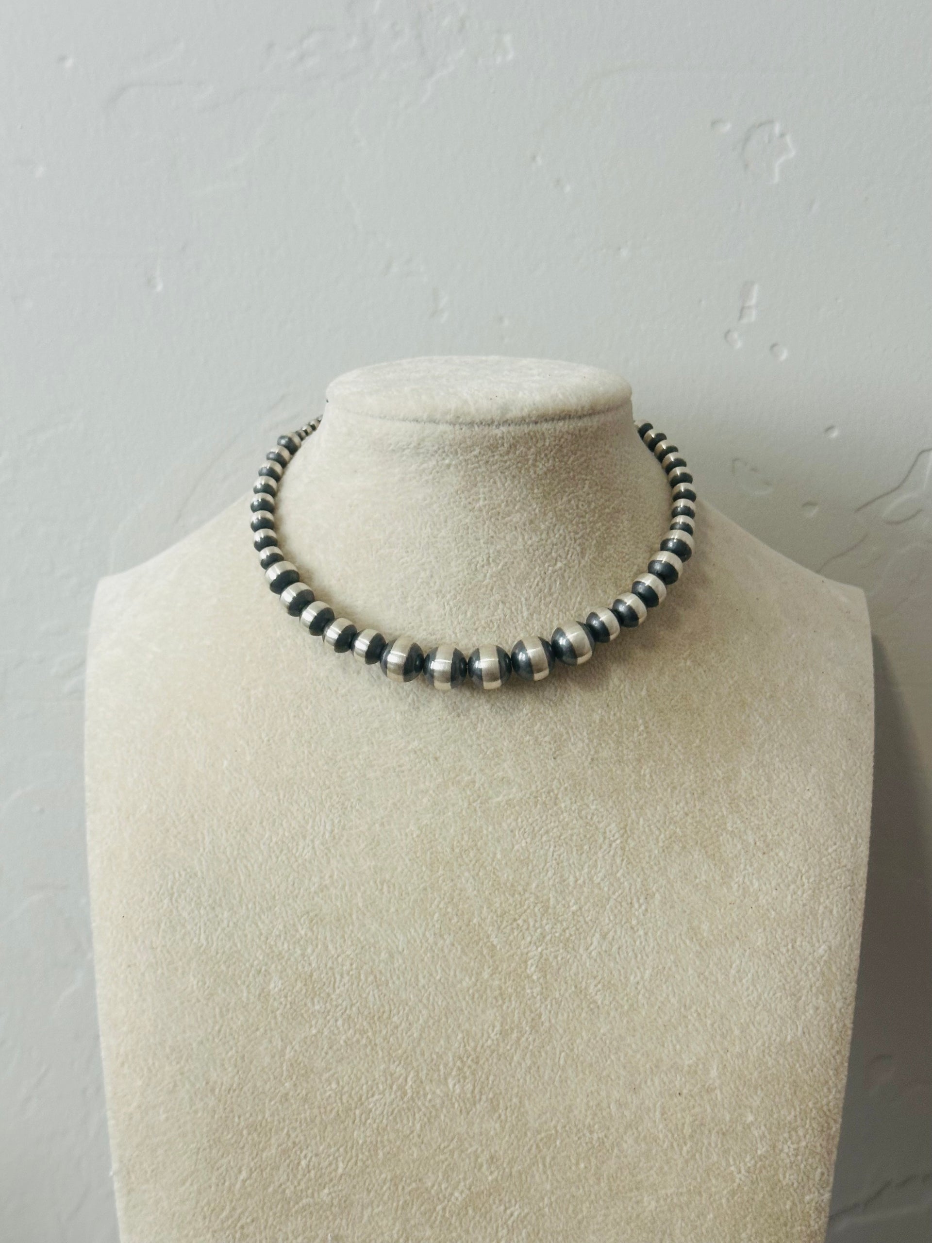 Navajo Strung Graduated Sterling Silver Pearls Beaded Necklace