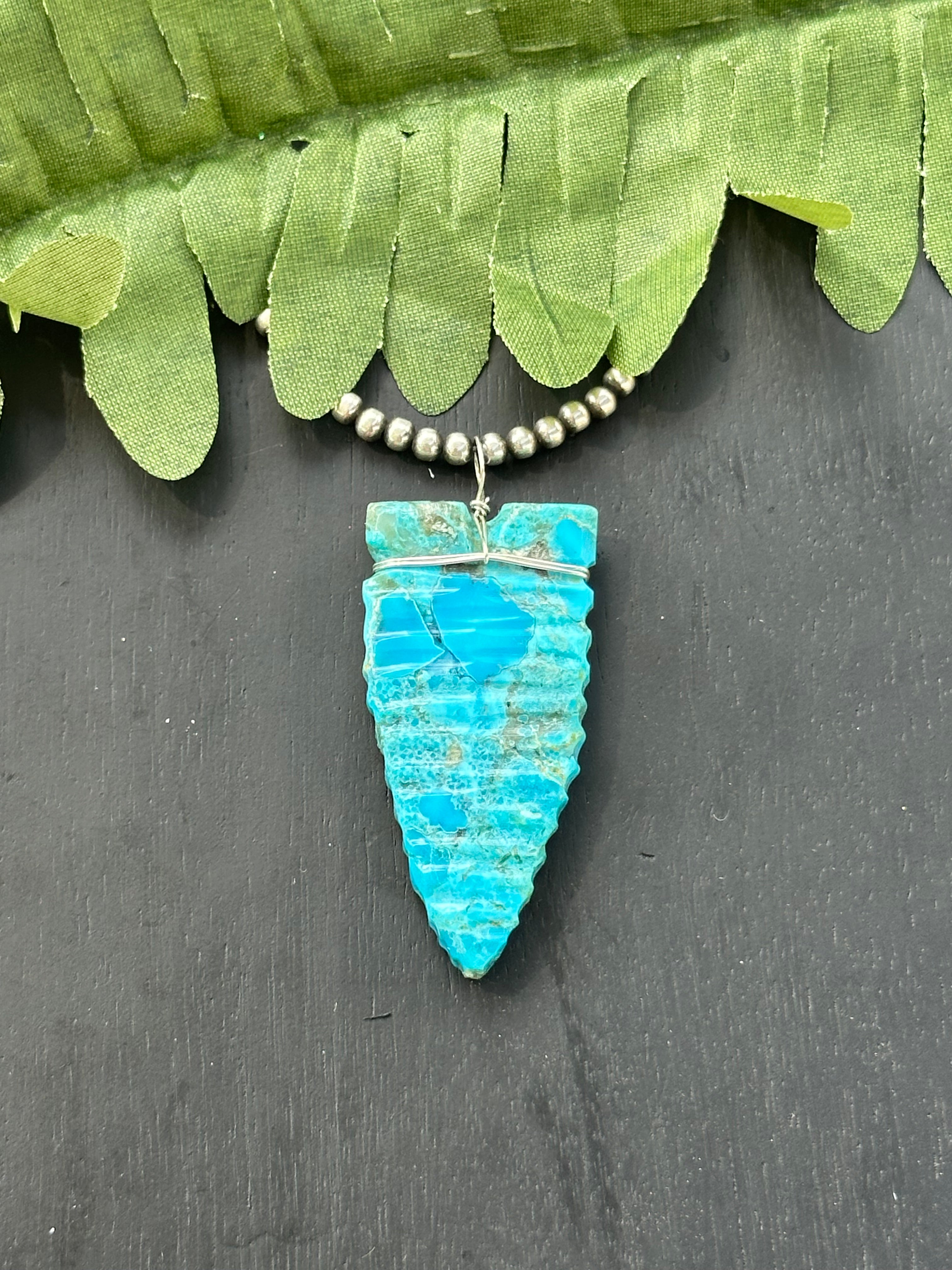 Navajo Handmade Kingman Turquoise Slab & Sterling Silver Arrow Pendant