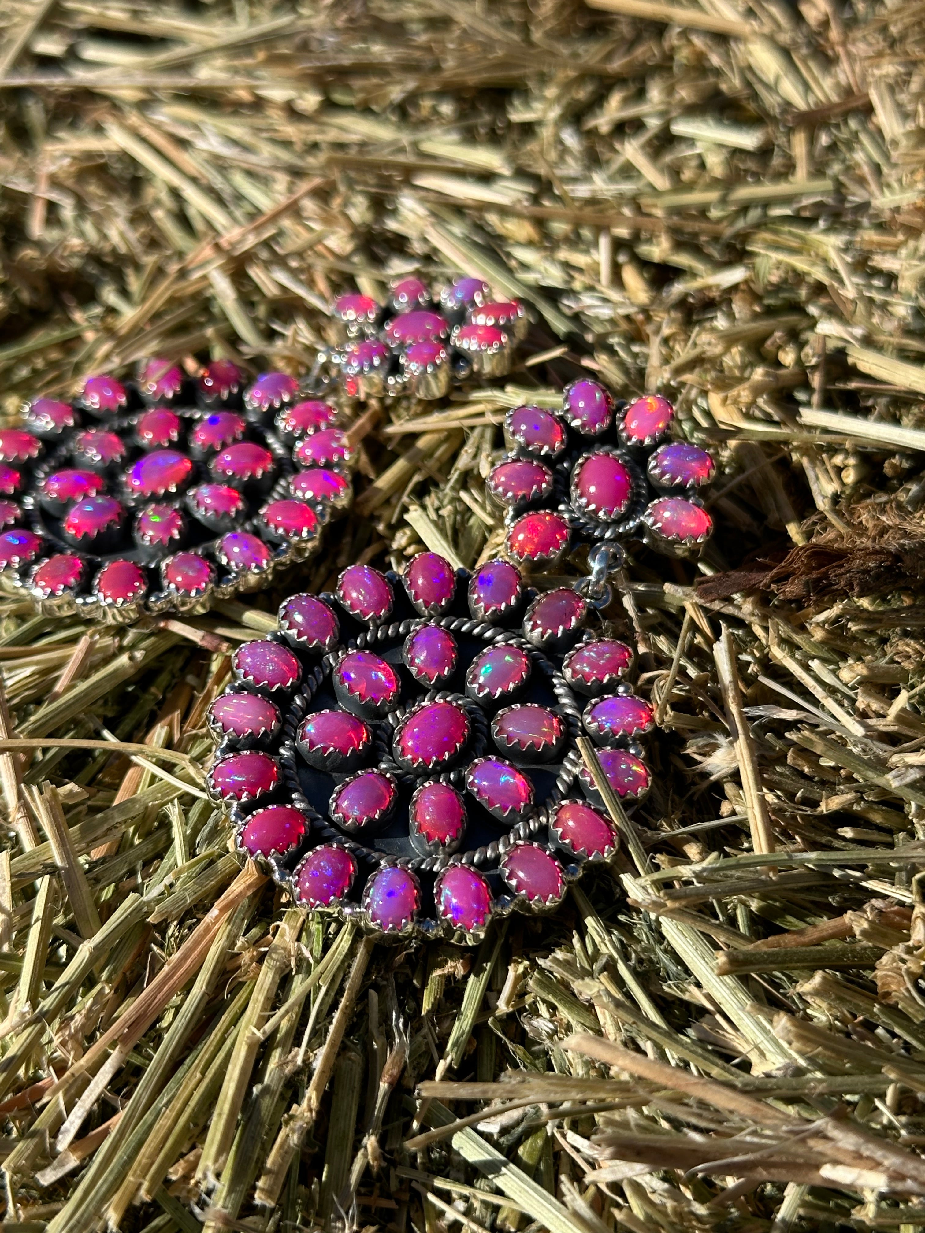 Southwest Handmade Pink Opal & Sterling Silver Post Dangle Cluster Earrings