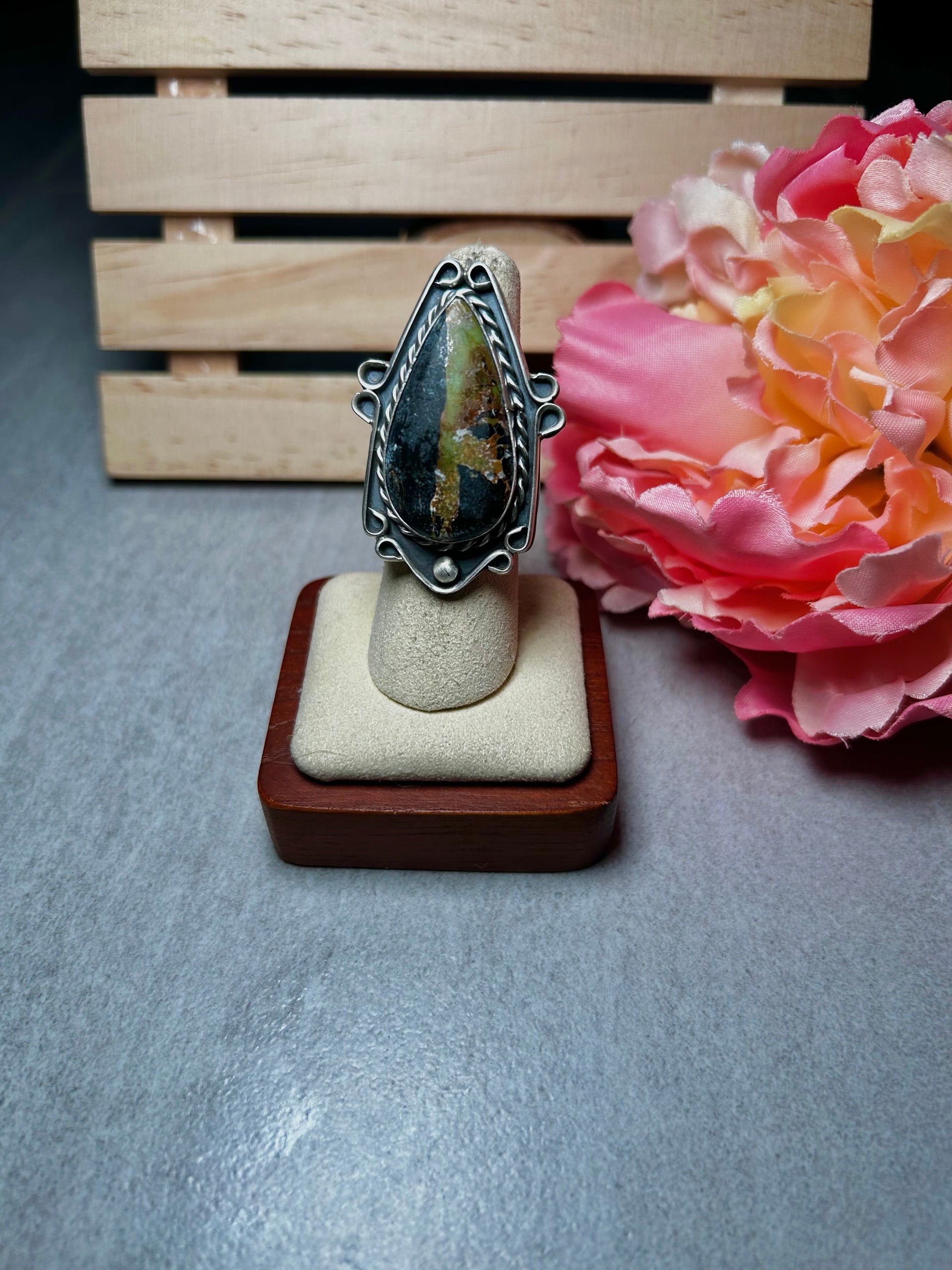 Navajo Made Black Jack Turquoise & Sterling Silver Adjustable Ring