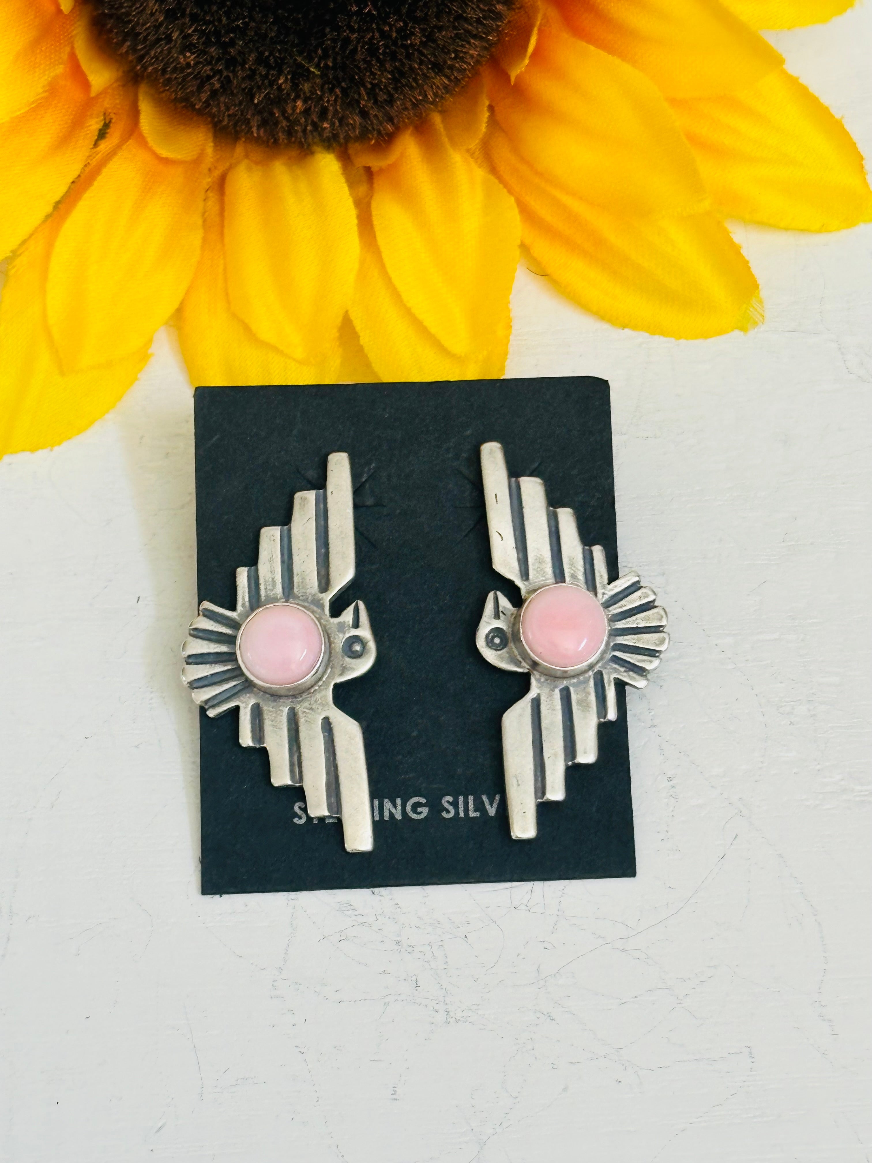 Navajo Handmade Pink Conch & Sterling Silver Post Thunderbird Earrings