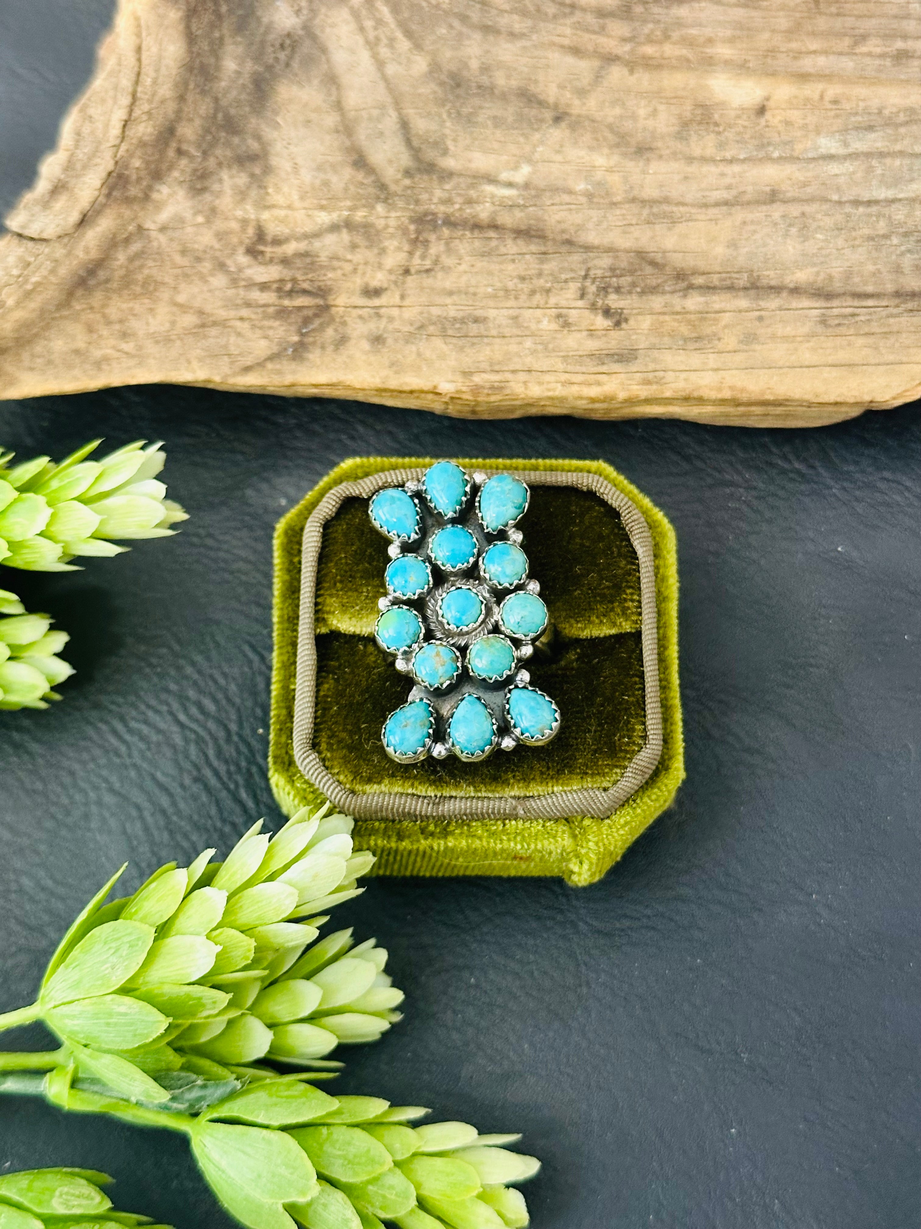 Southwest Handmade Kingman Turquoise & Sterling Silver Adjustable Cluster Ring