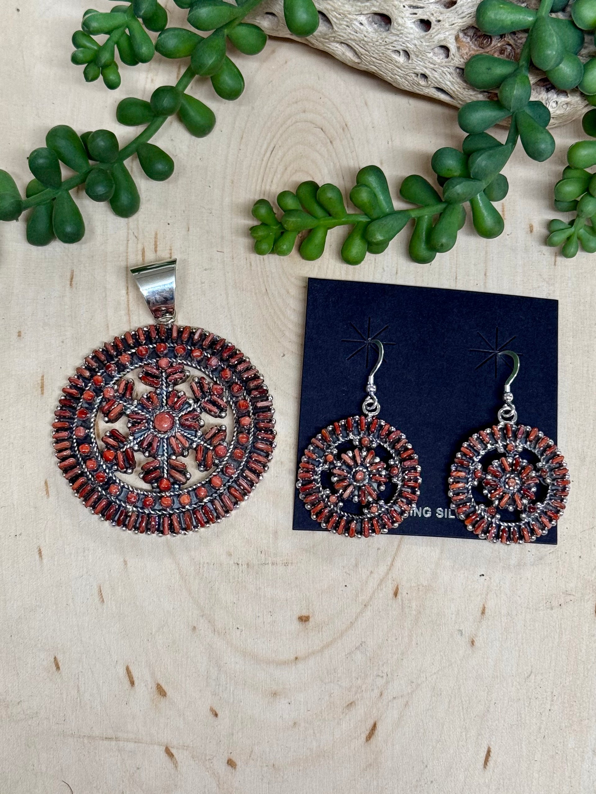 Southwest Handmade Red Spiny Oyster & Sterling Silver Pendant and Earring Set