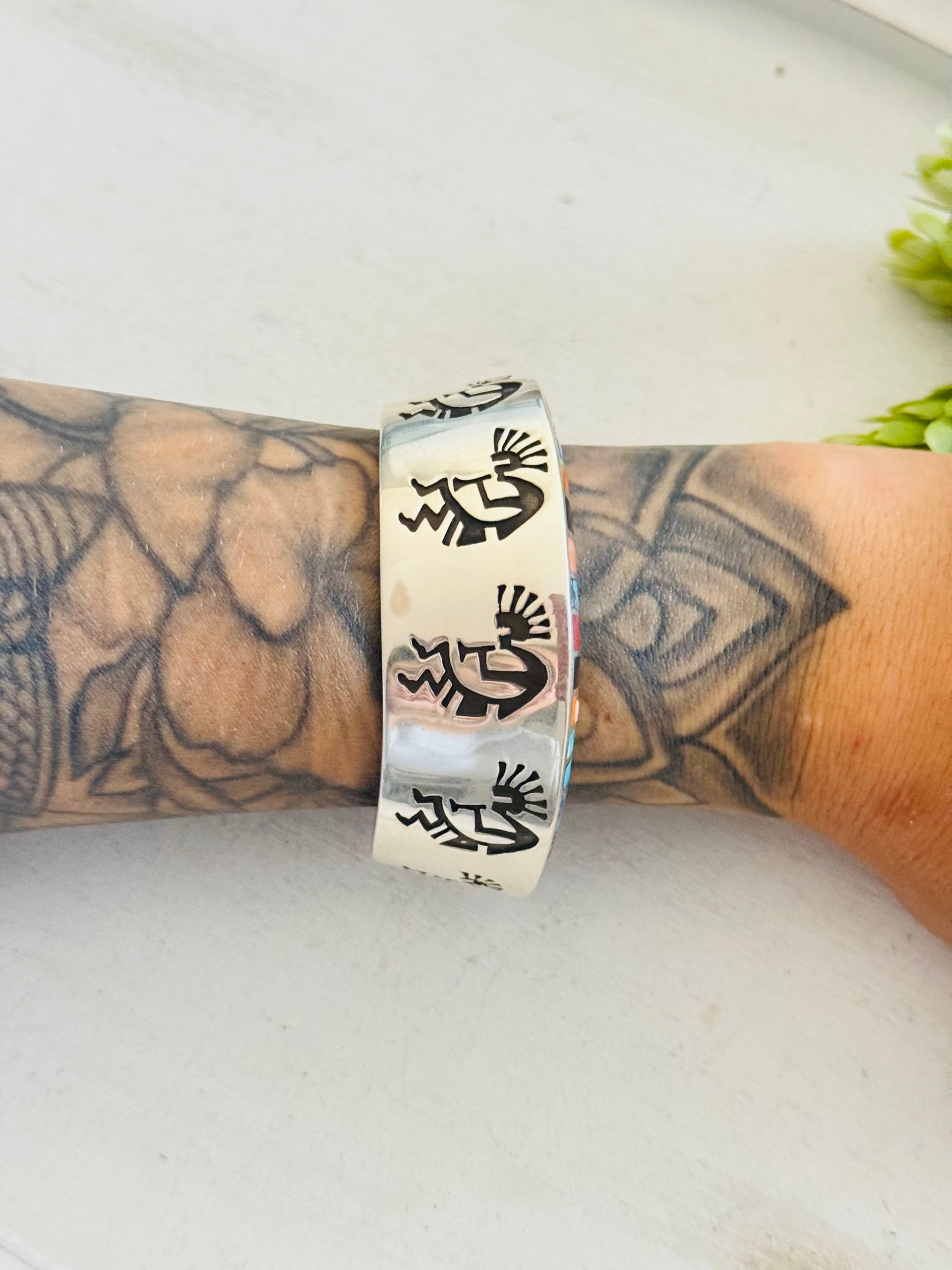 Navajo Made Multi Stone & Sterling Silver Inlay Cuff Bracelet