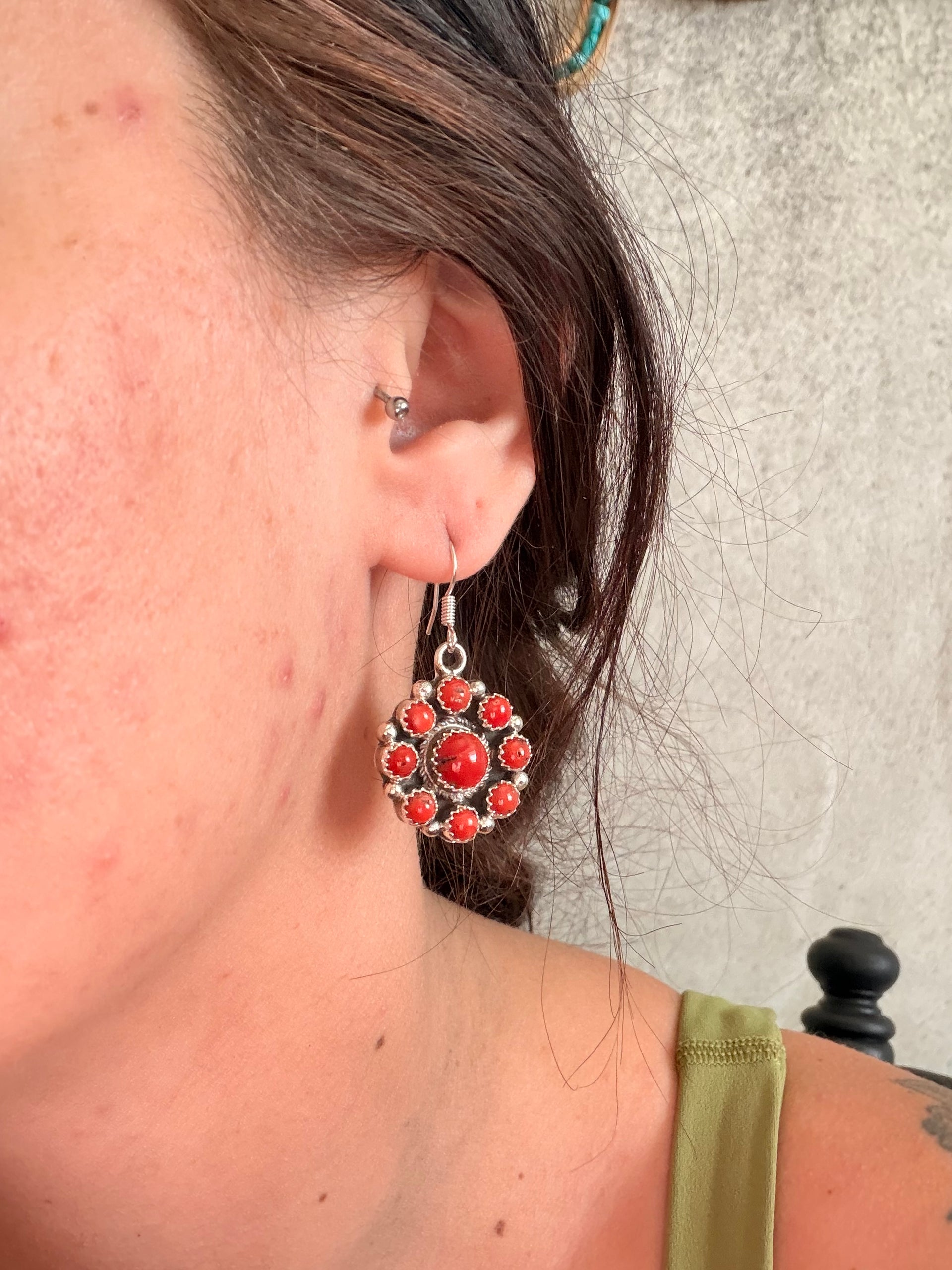 Navajo Made Red Coral & Sterling Silver Dangle Cluster Earrings