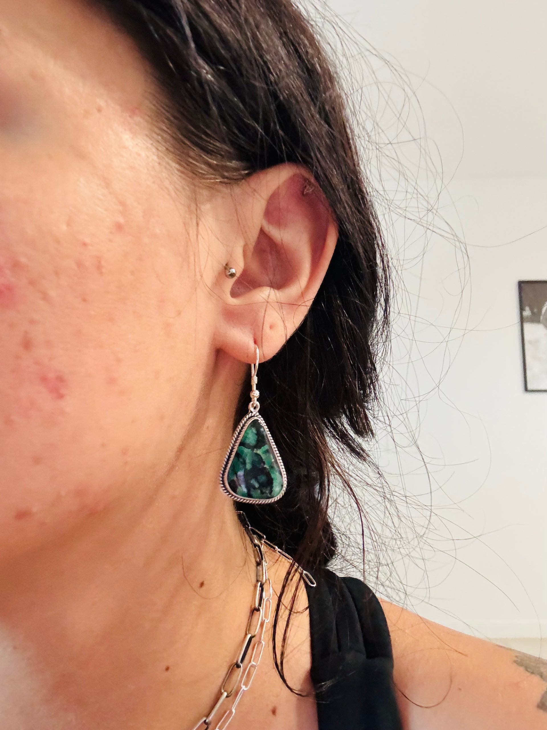 Southwest Handmade Emerald Rose Variscite & Sterling Silver Dangle Earrings