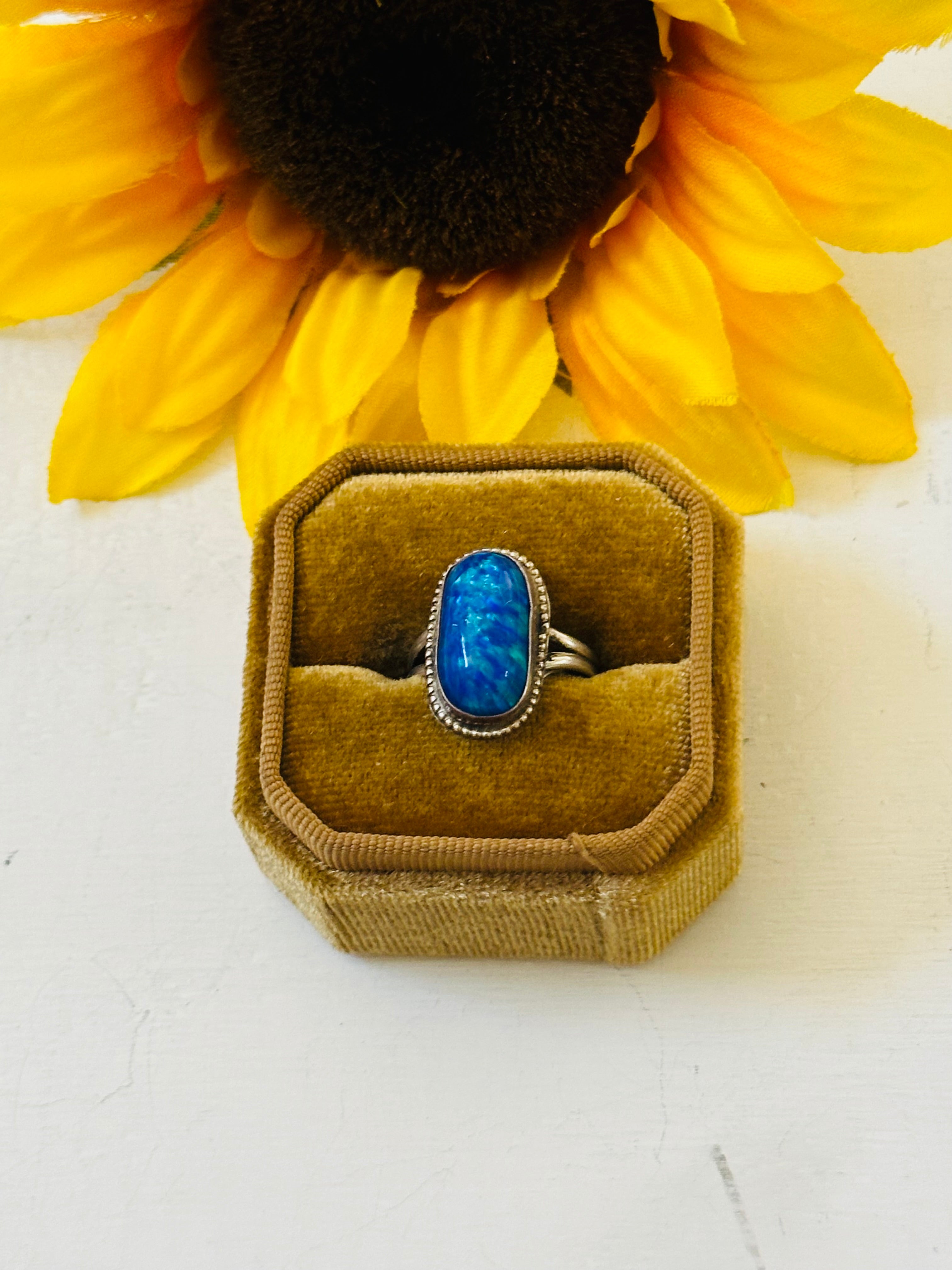 Navajo Made Blue Opal & Sterling Silver Ring Size 6.5