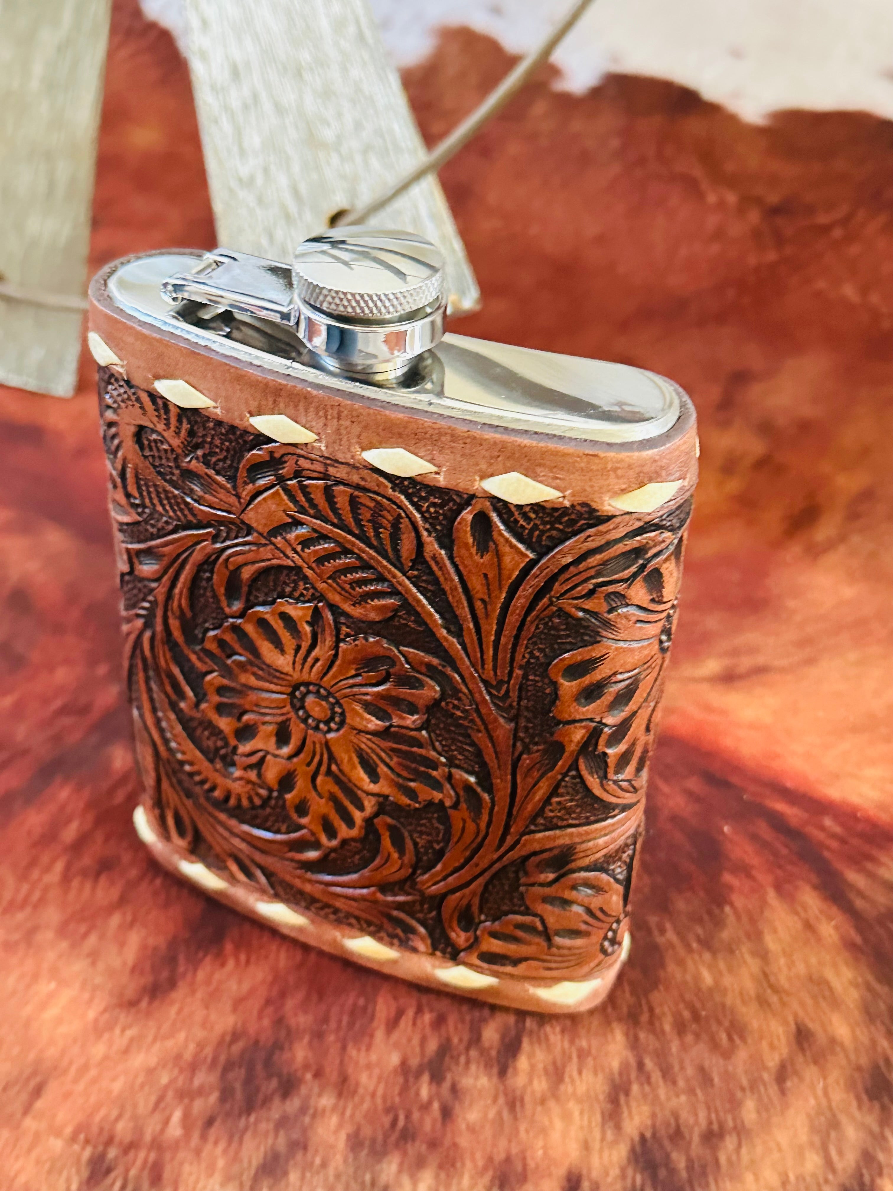 Genuine Tooled Leather 8 oz Flask