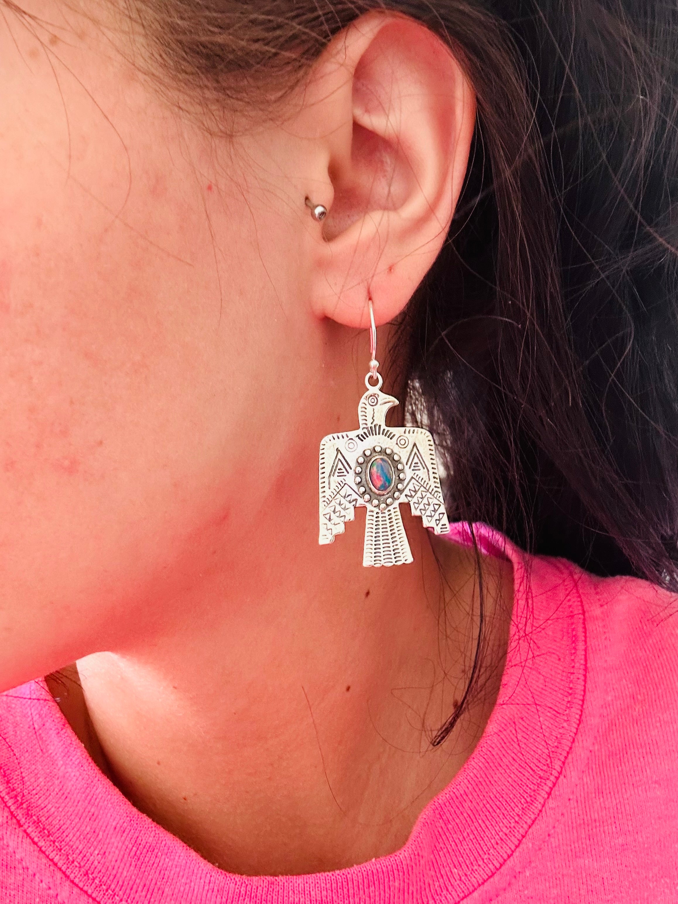 Southwest Handmade Opal & Sterling Silver Dangle Thunderbird Earrings