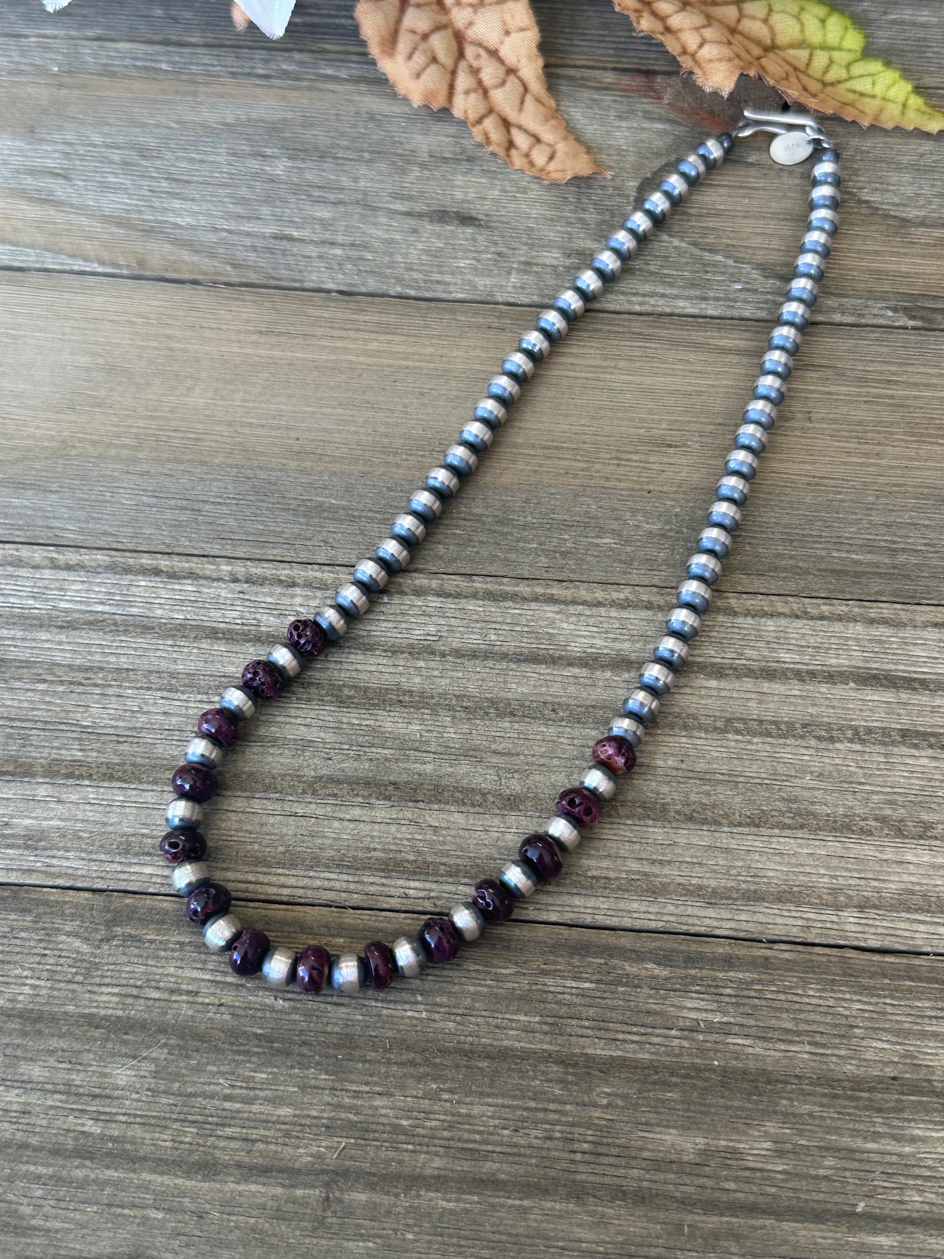 Navajo Strung Purple Spiny Oyster & Sterling Silver Pearls Beaded Necklace