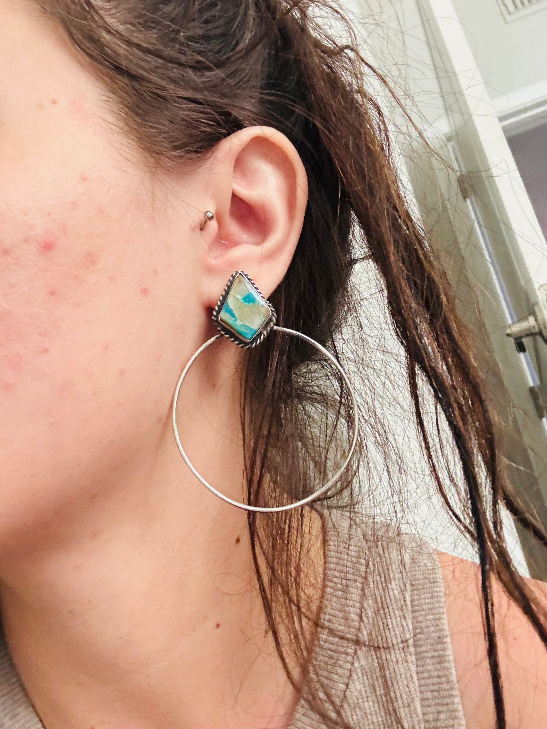 Elouise Kee Ribbon Royston & Sterling Silver Post Dangle Hoop Earrings