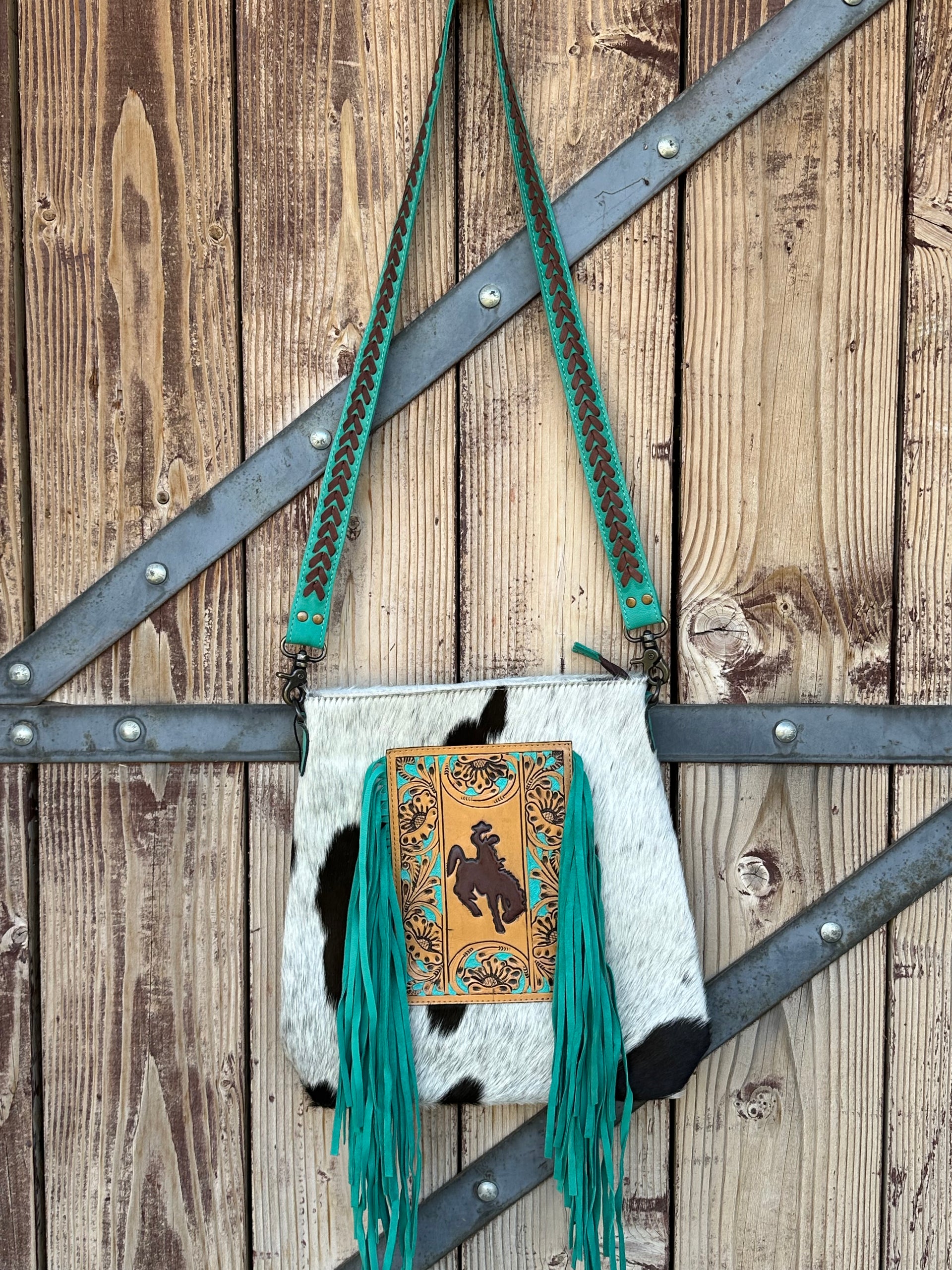 Genuine Tooled Leather & Cowhide Fringe Purse