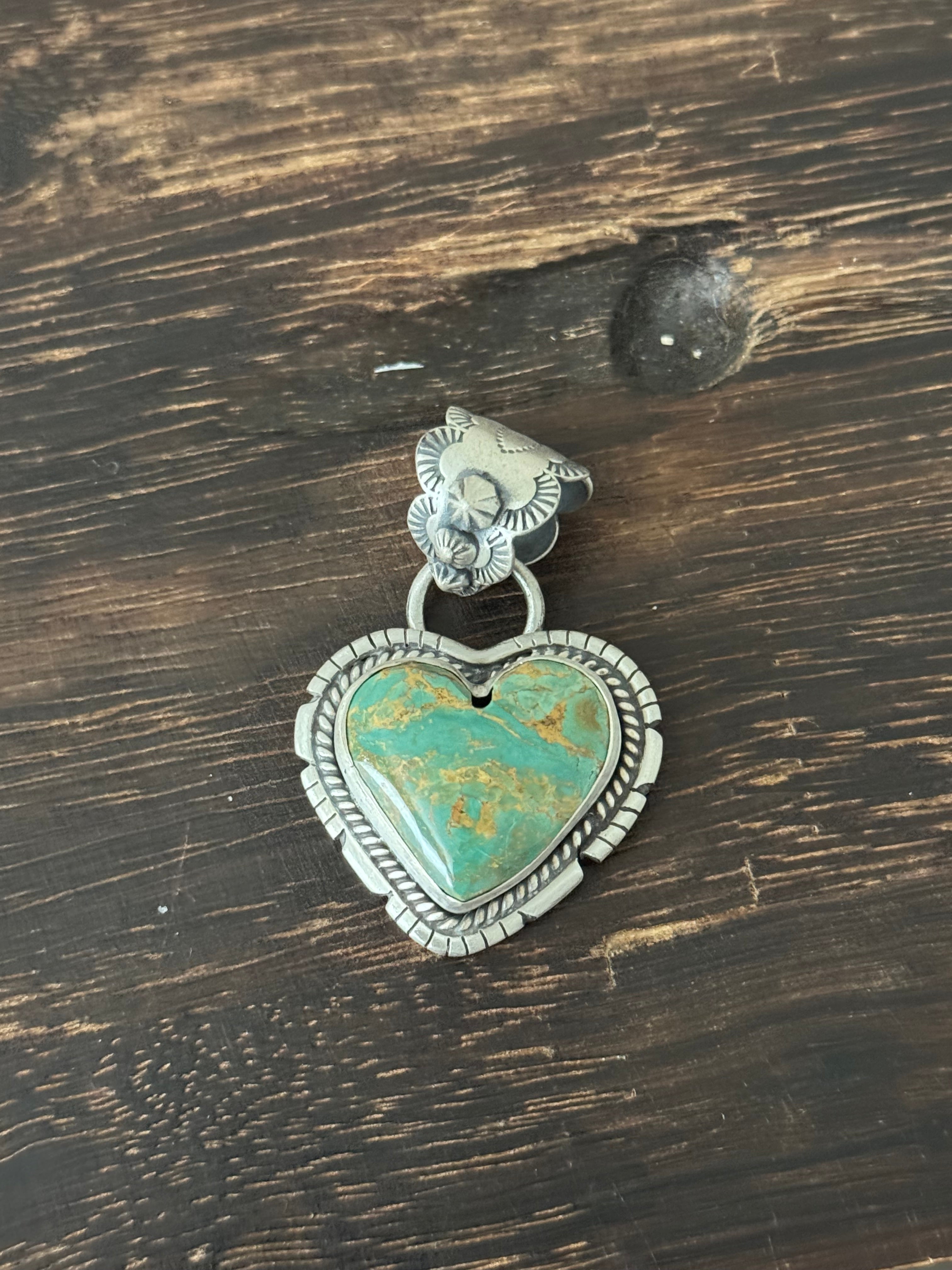 Navajo Made Kingman Turquoise & Sterling Silver Heart Pendant