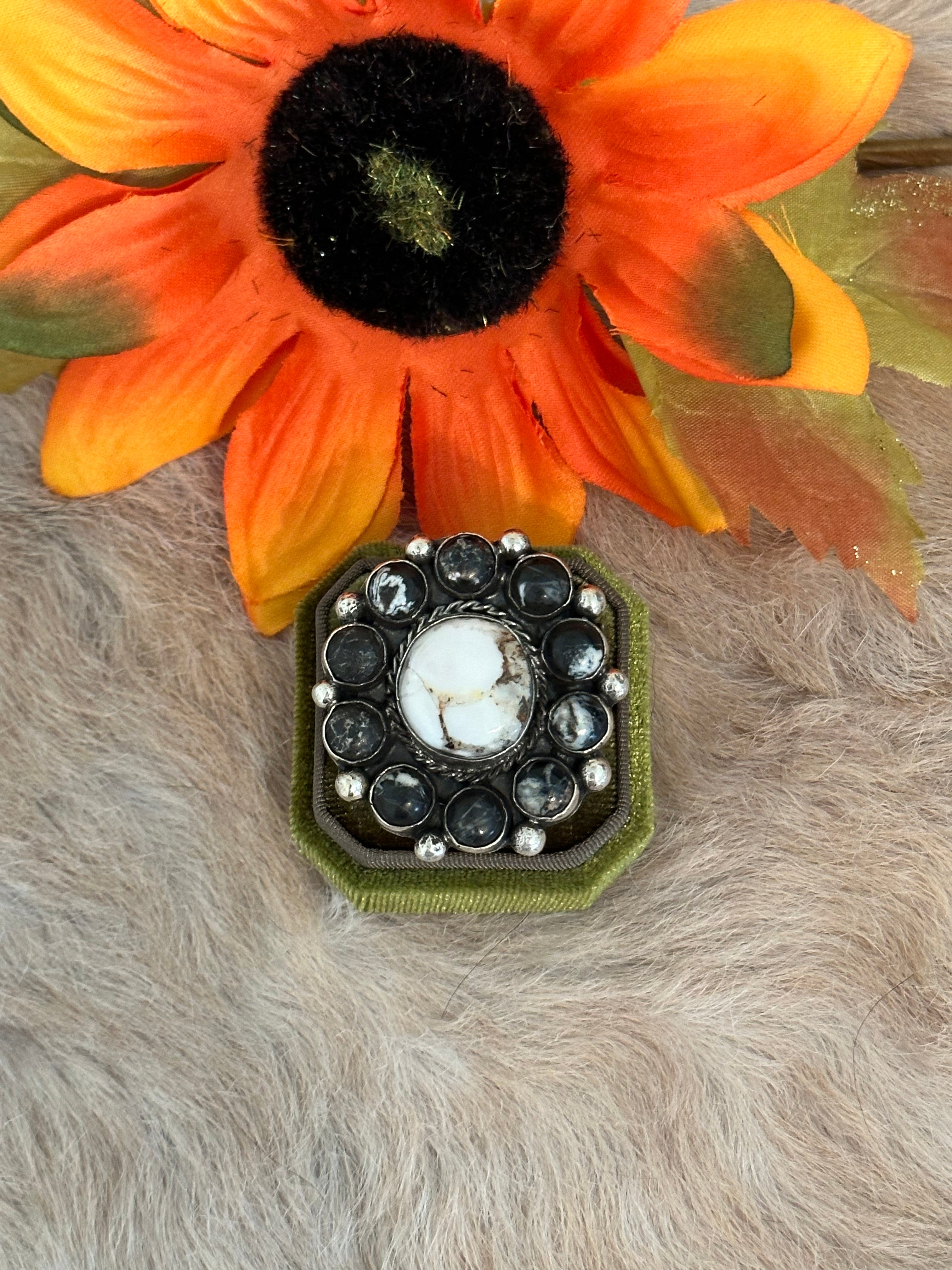 Navajo Handmade White Buffalo & Sterling Silver Adjustable Cluster Ring