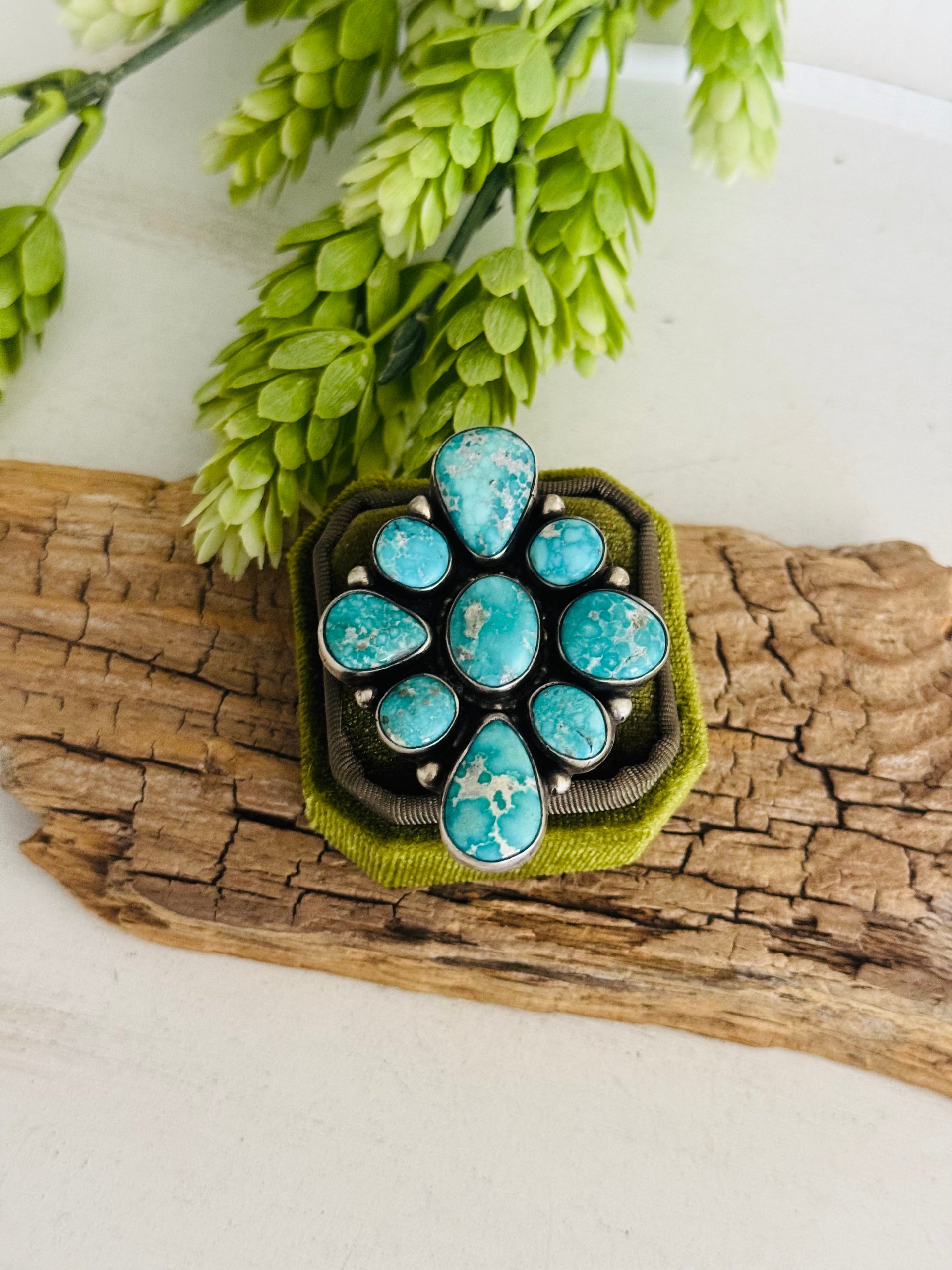 Navajo Made White Water Turquoise & Sterling Silver Cluster Ring Size 10