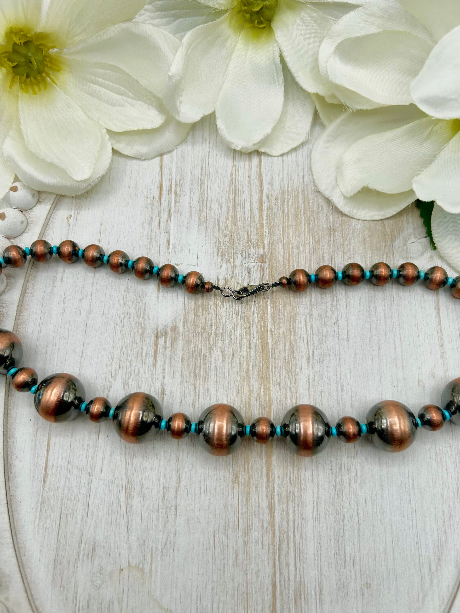 Navajo Made Strung Kingman Turquoise & Copper Necklace