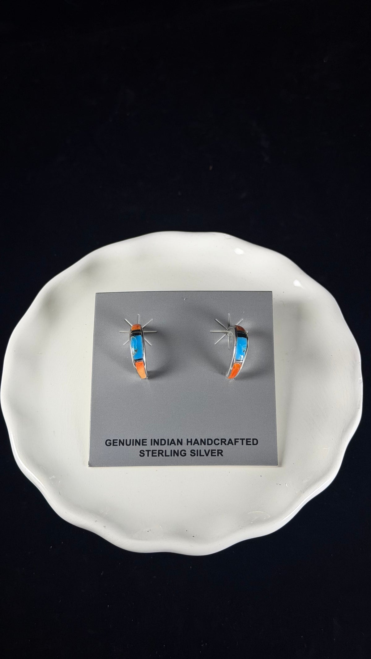 Navajo Made Multi Stone & Sterling Silver Post Dangle Inlay Hoop Earrings