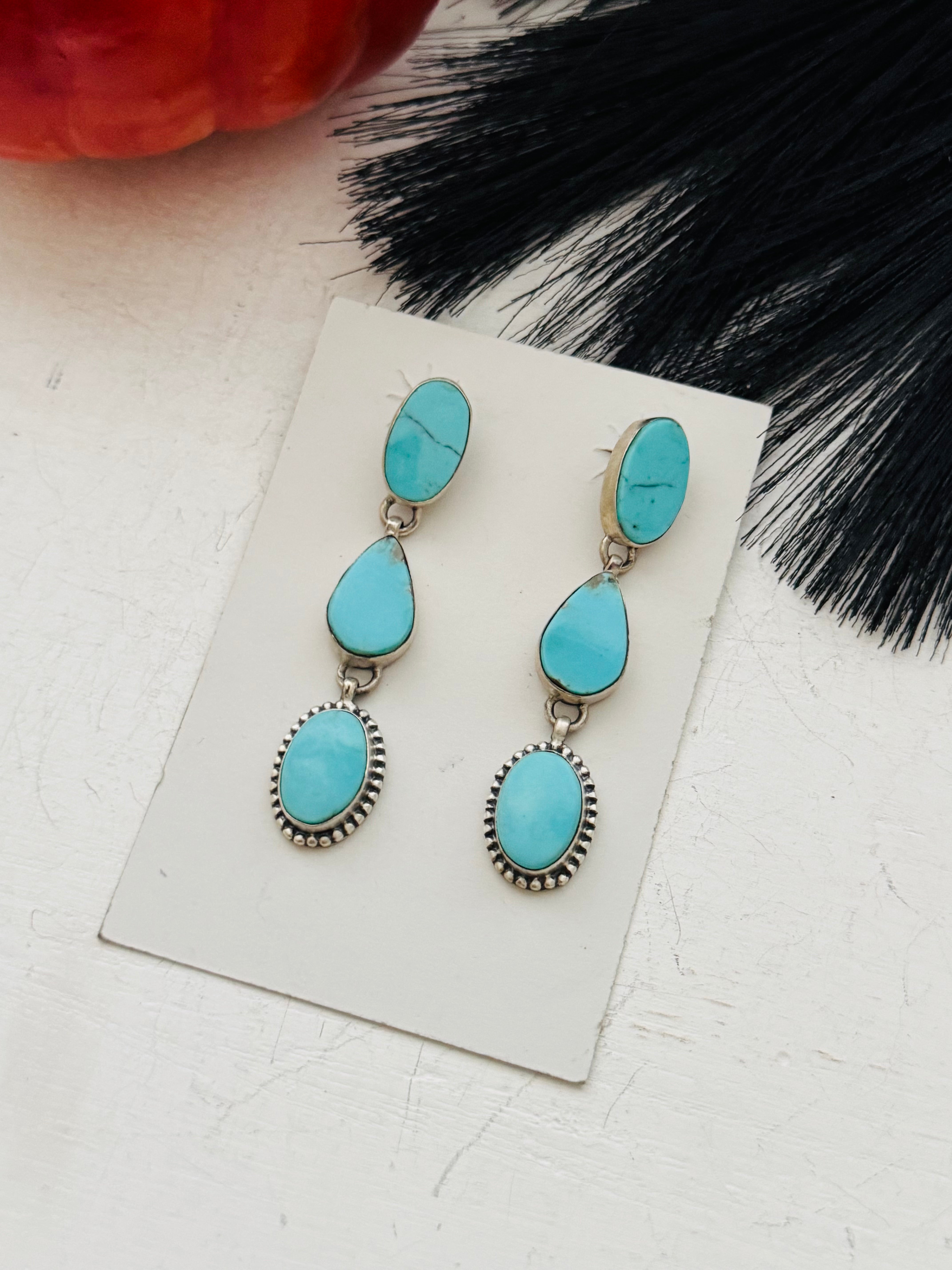 Southwest Handmade Kingman Turquoise & Sterling Silver Post Dangle Earrings