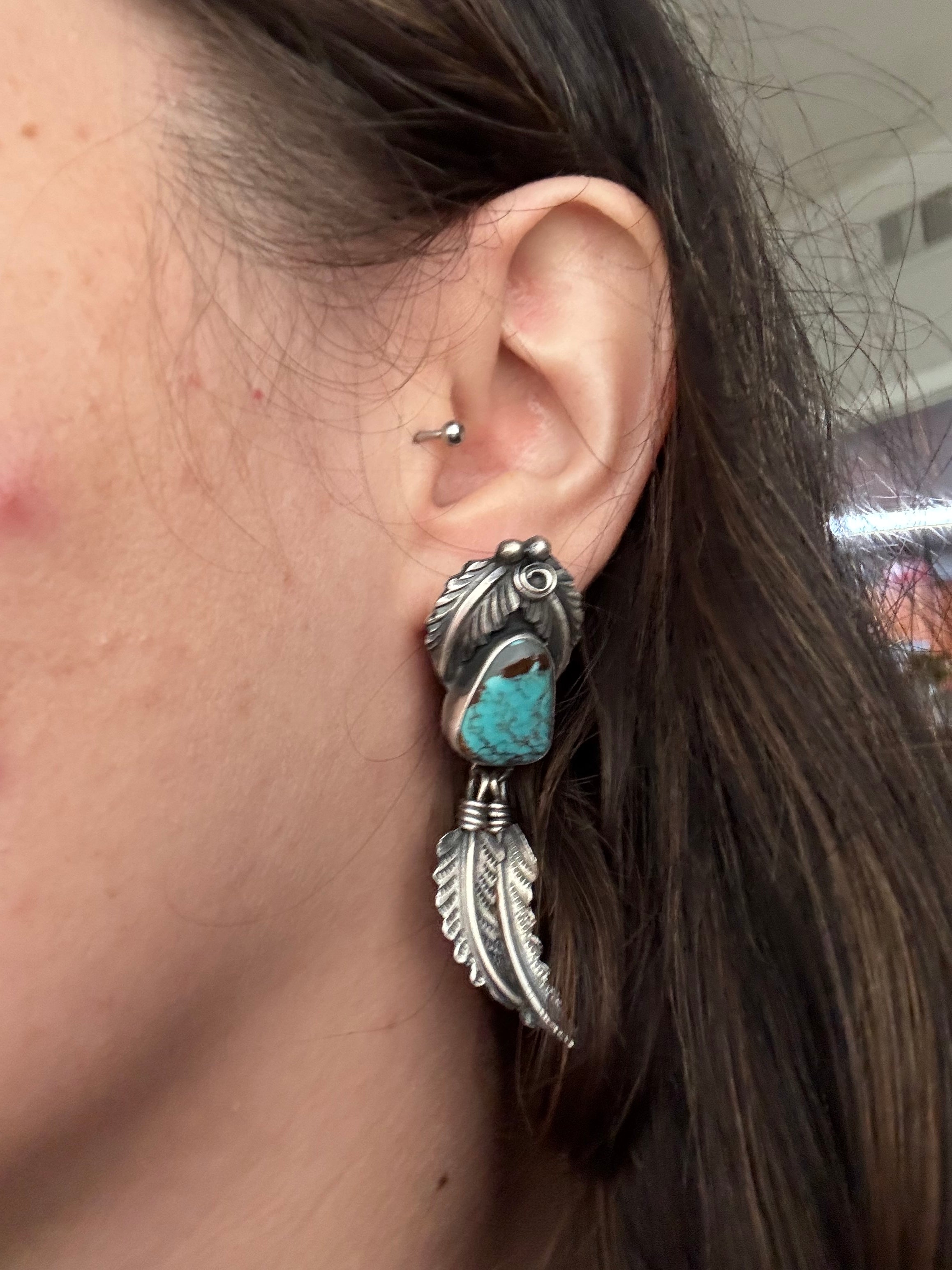 Navajo Handmade #8 Turquoise & Sterling Silver Feather Post Dangle Earrings