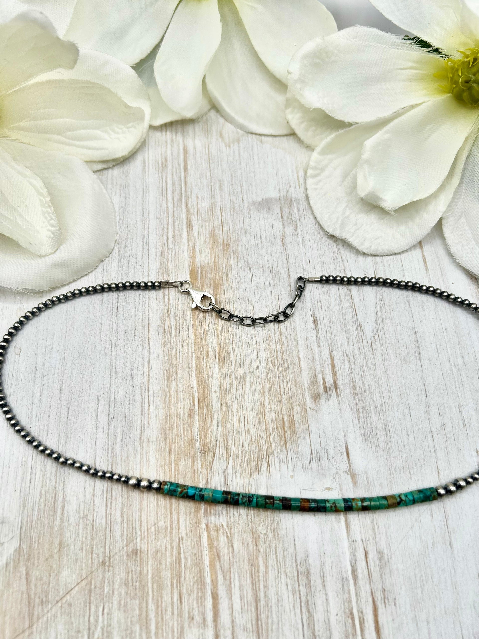 Navajo Made Strung Heishi Turquoise & Sterling Silver Necklace