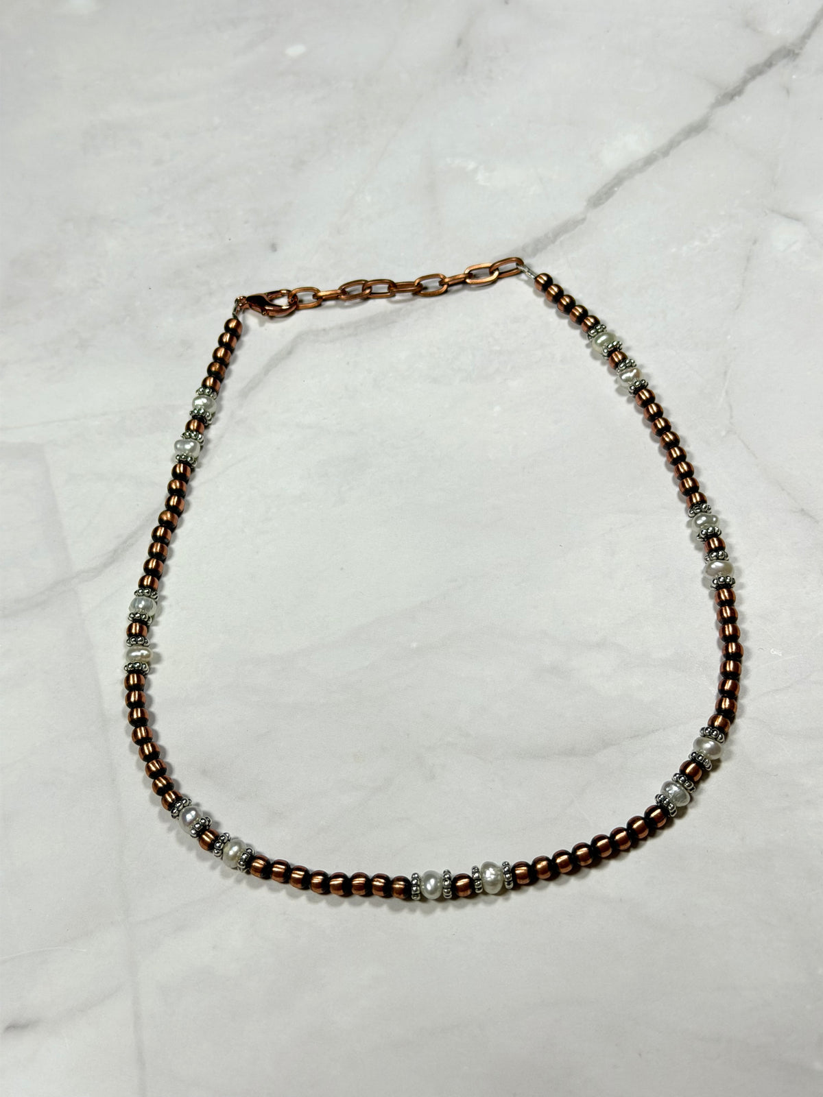 Navajo Strung Fresh Water Pearl & Copper Machine Made Pearl 14” Necklace