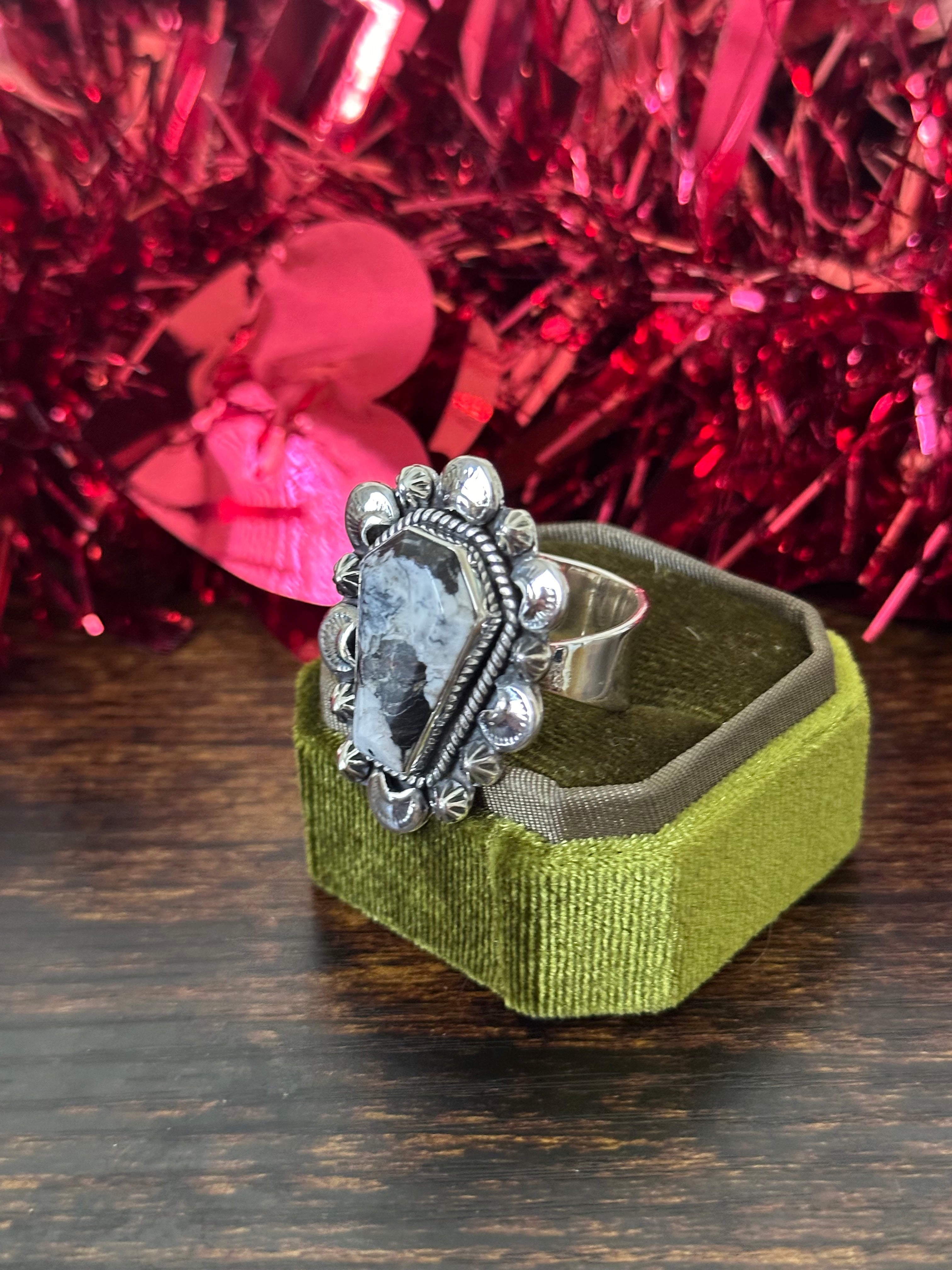 Southwest Handmade White Buffalo & Sterling Silver Adjustable Coffin Ring