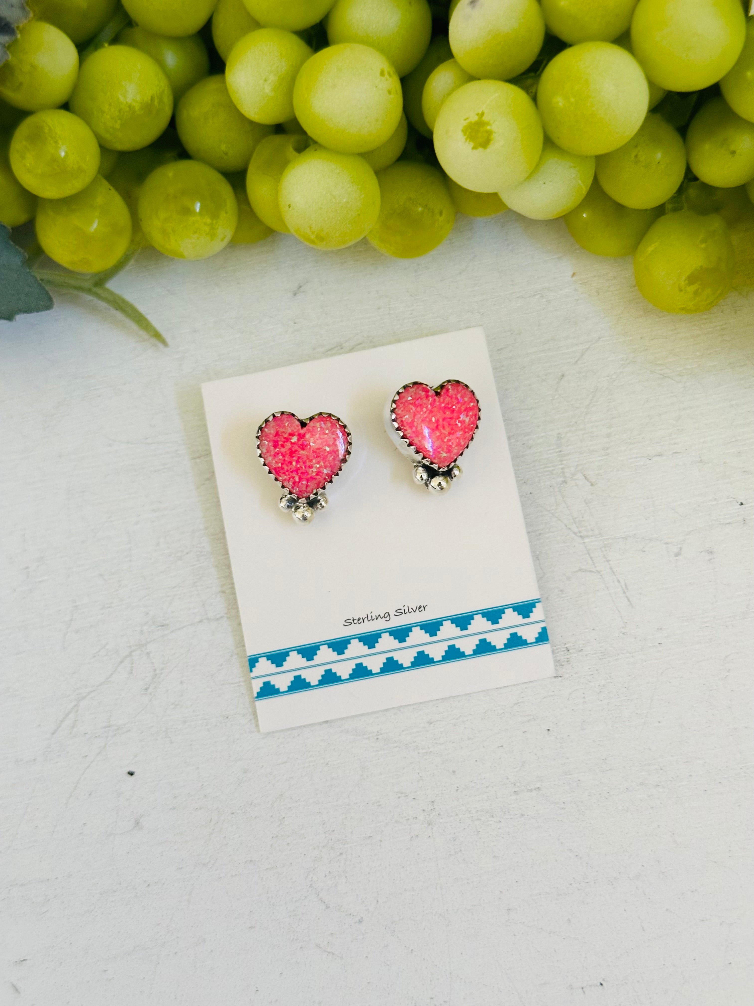 TTD “ dainty” Pink Opal & Sterling Silver Post Heart Earrings