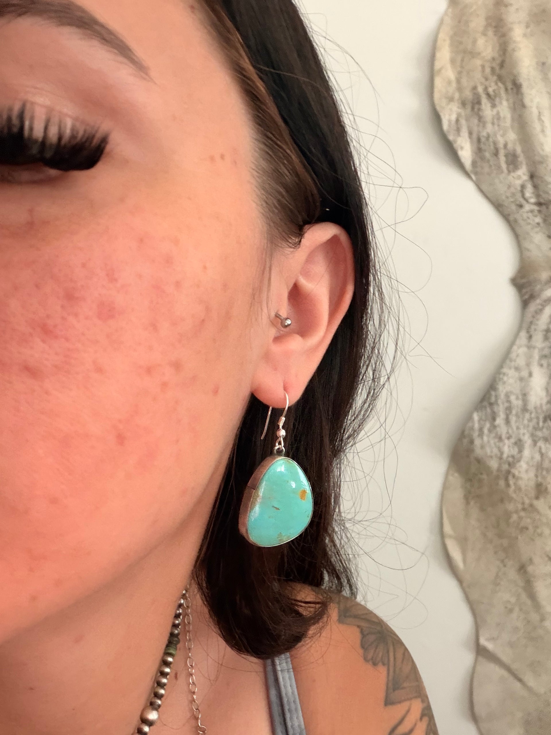 Navajo Made Kingman Turquoise & Sterling Silver Dangle Earrings