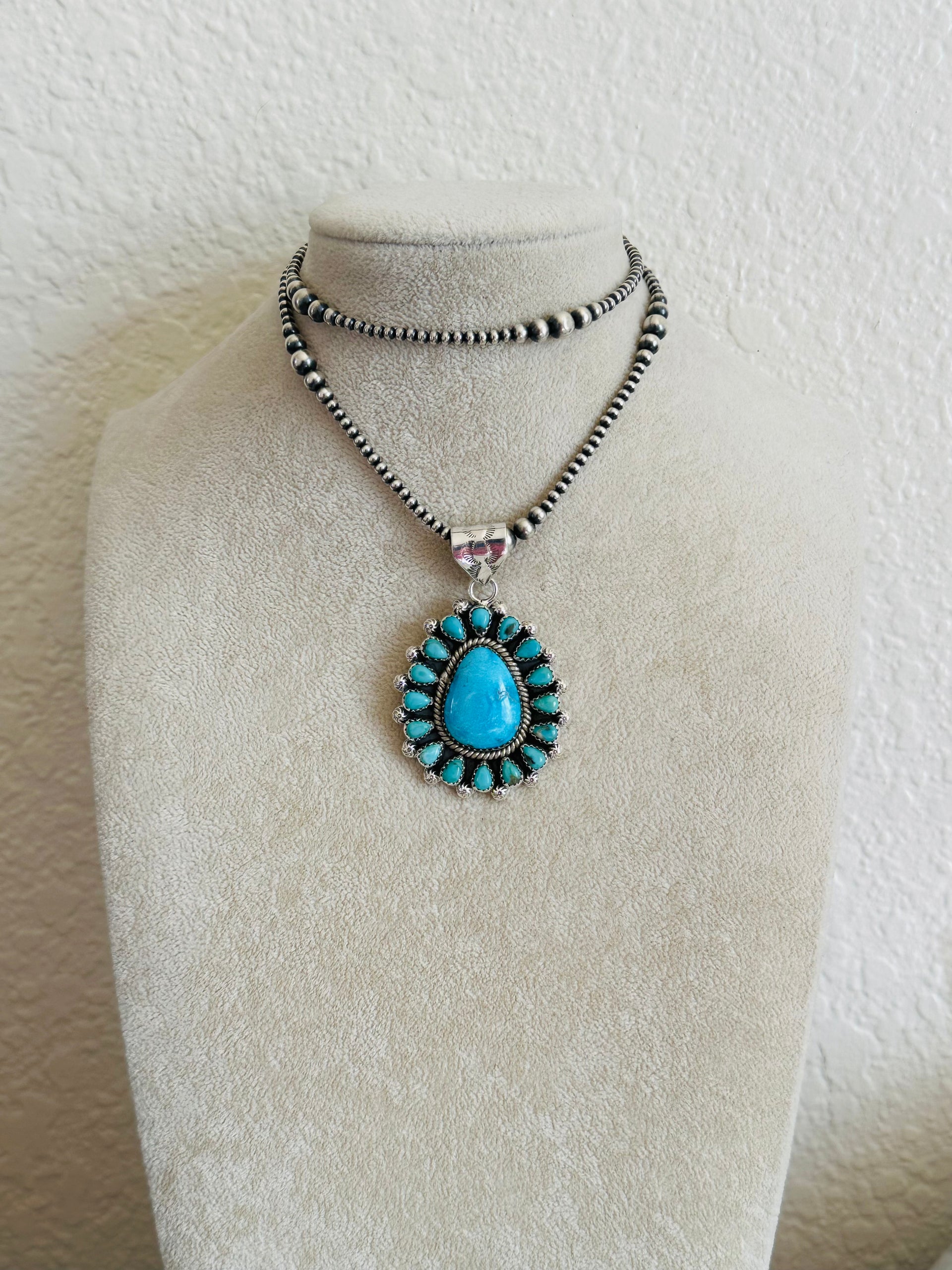 Southwest Handmade Multi Turquoise & Sterling Silver Cluster Pendant