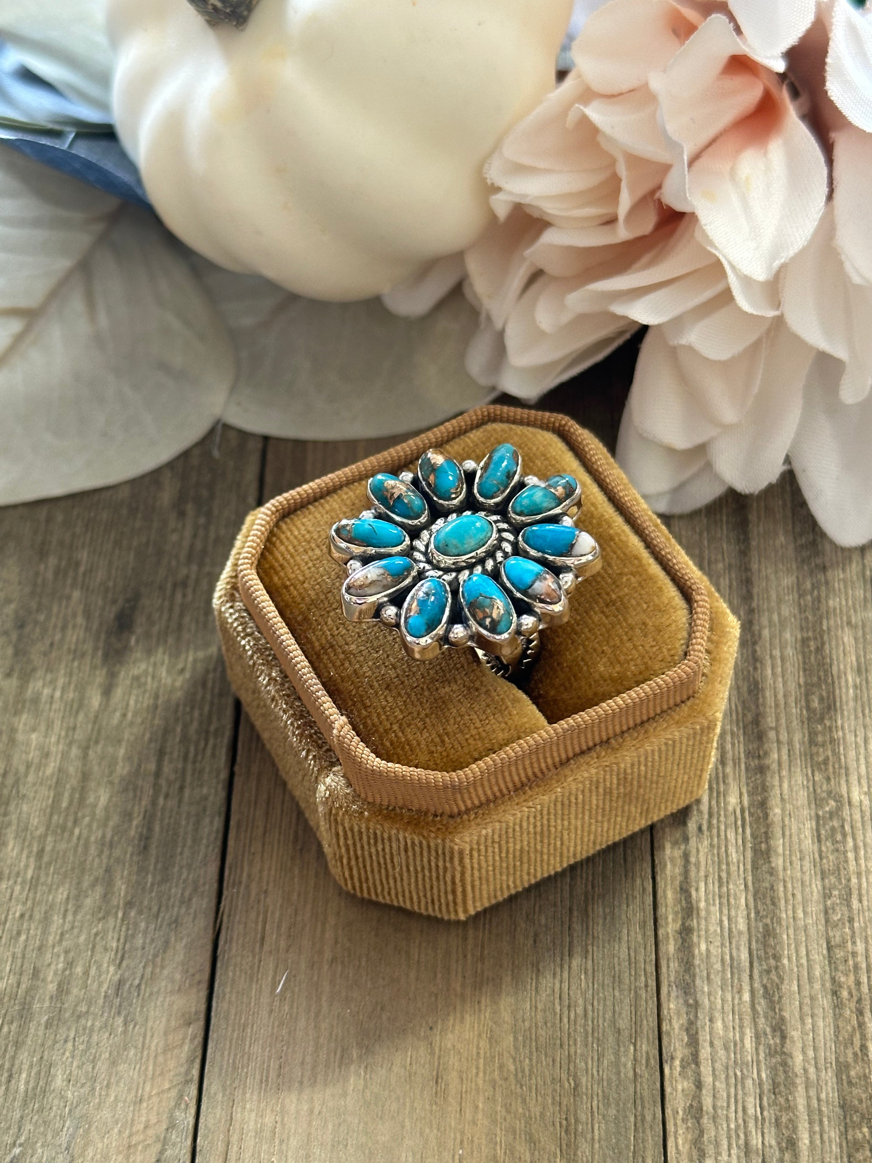 Southwest Handmade Mohave Turquoise & Sterling Silver Adjustable Cluster Ring