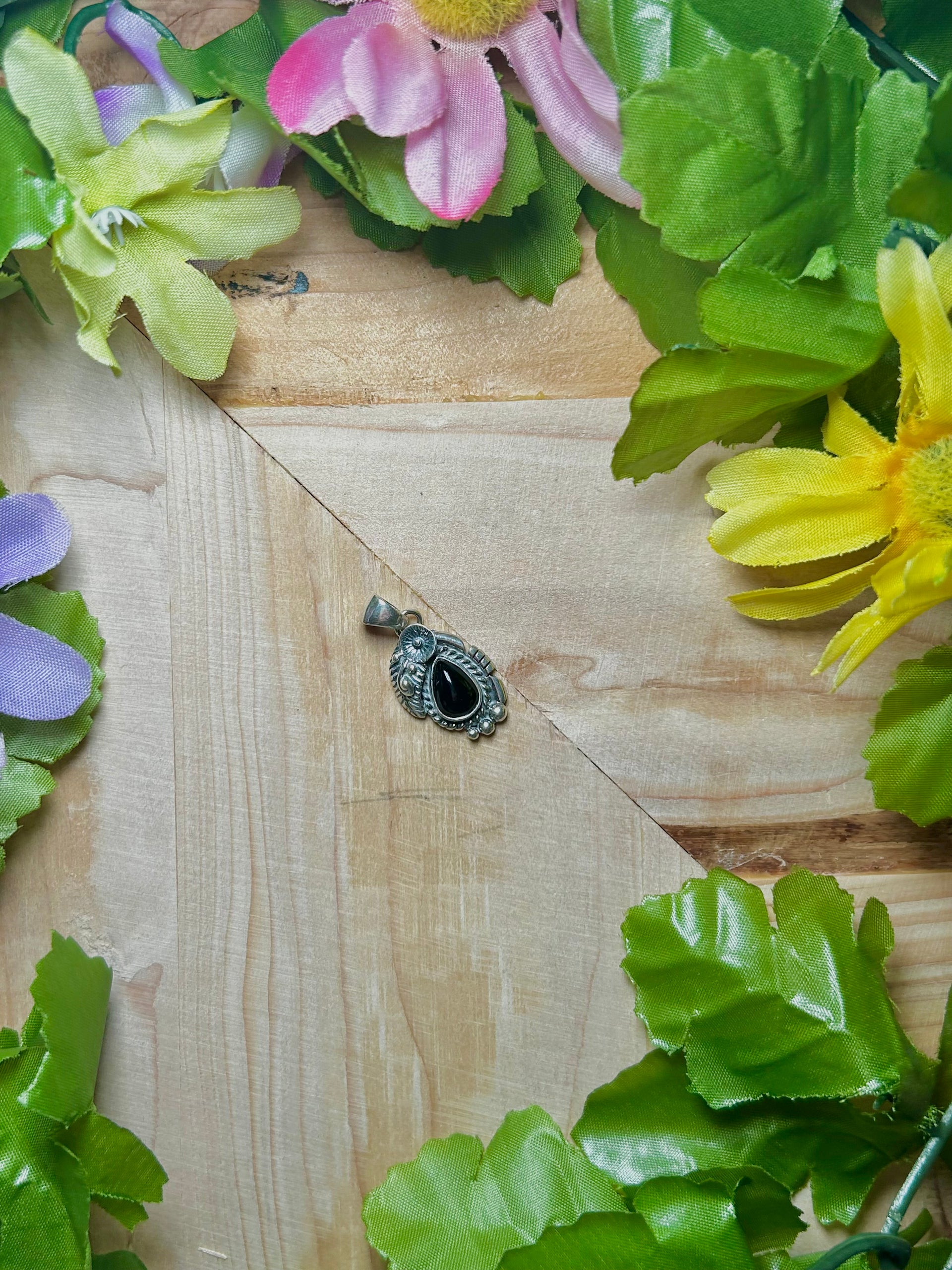 Navajo Made Onyx & Sterling Silver Pendant