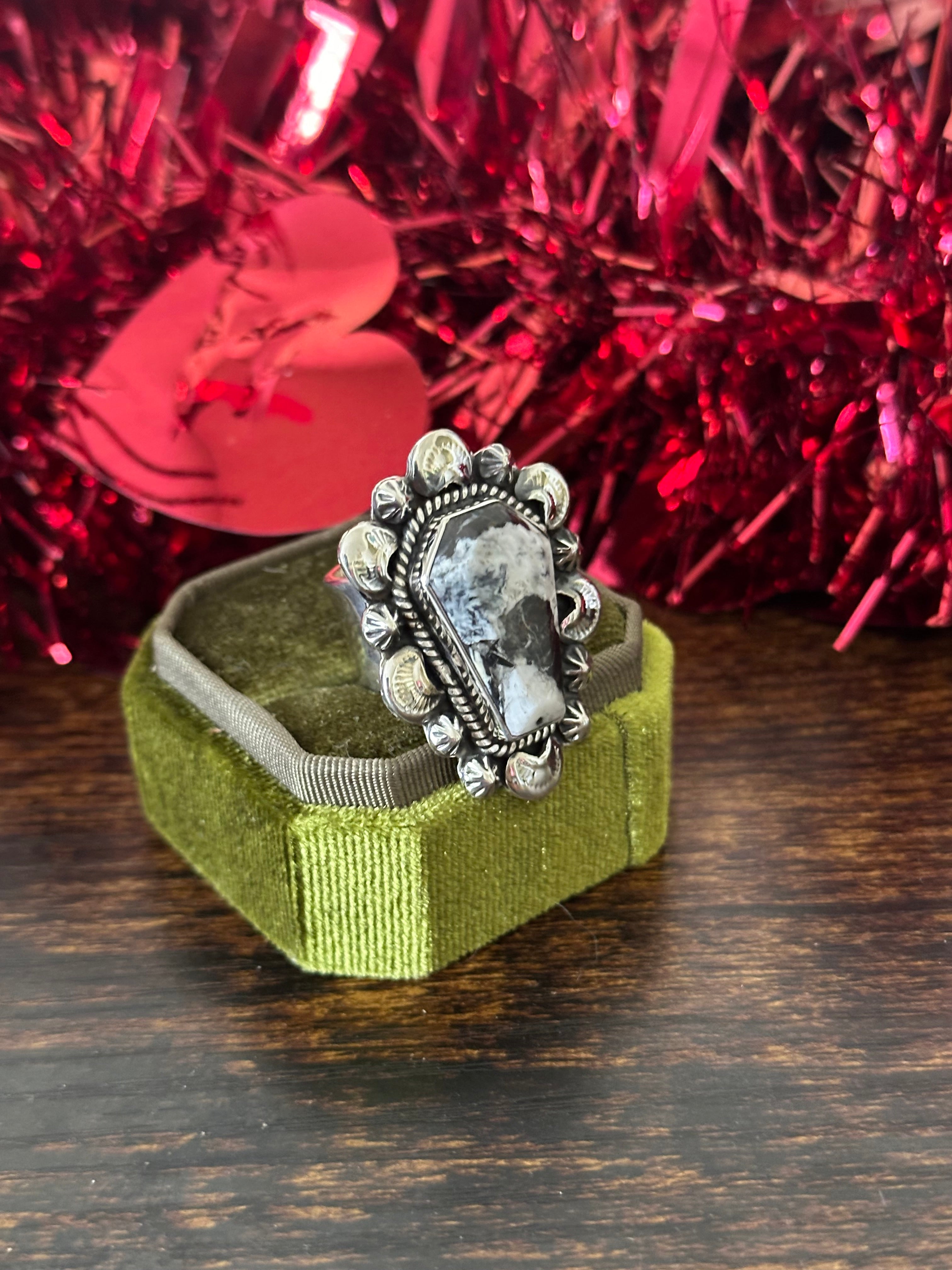 Southwest Handmade White Buffalo & Sterling Silver Adjustable Coffin Ring