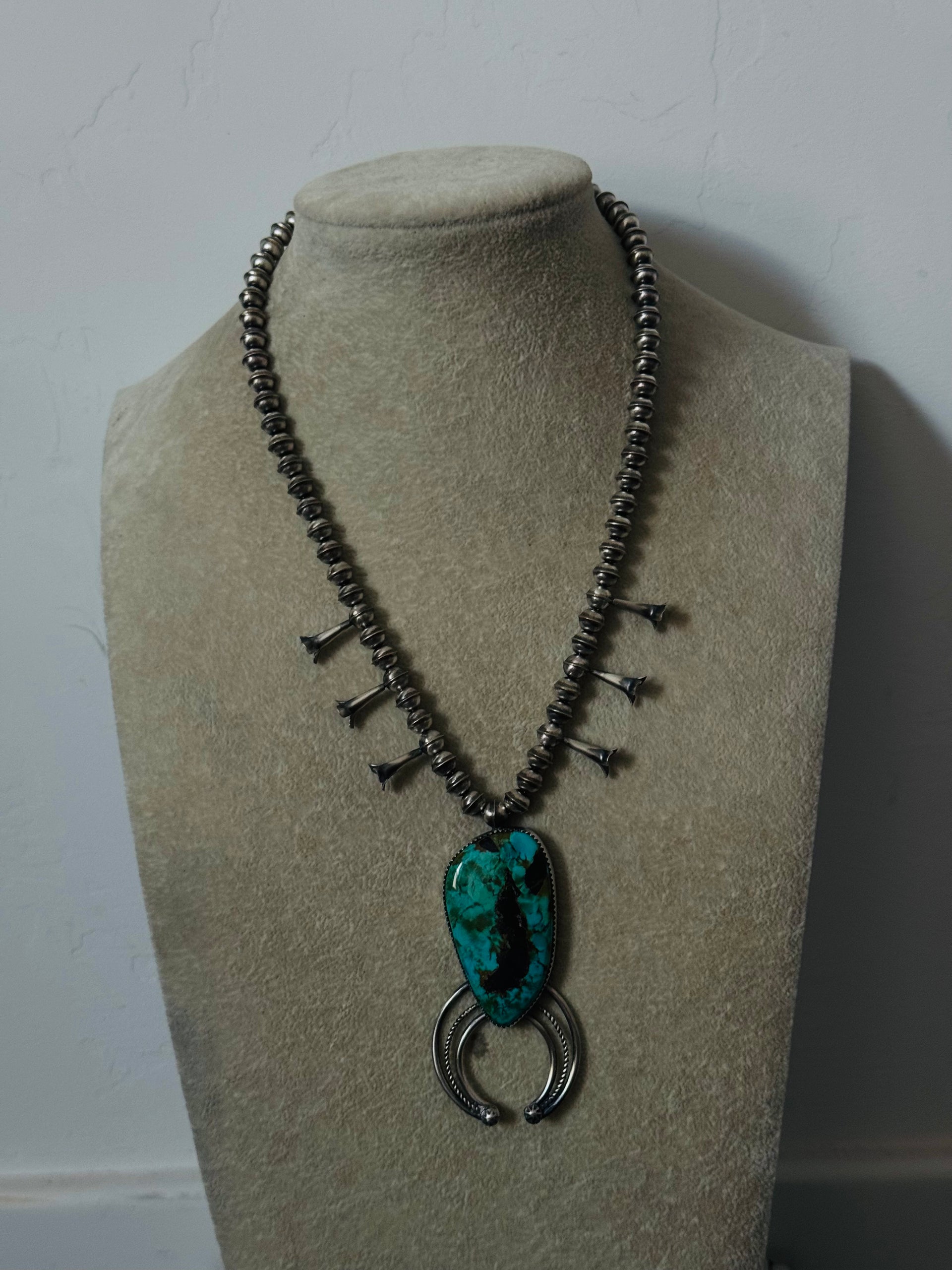 Navajo Made Black Jack Turquoise & Sterling Silver Squash Blossom Necklace