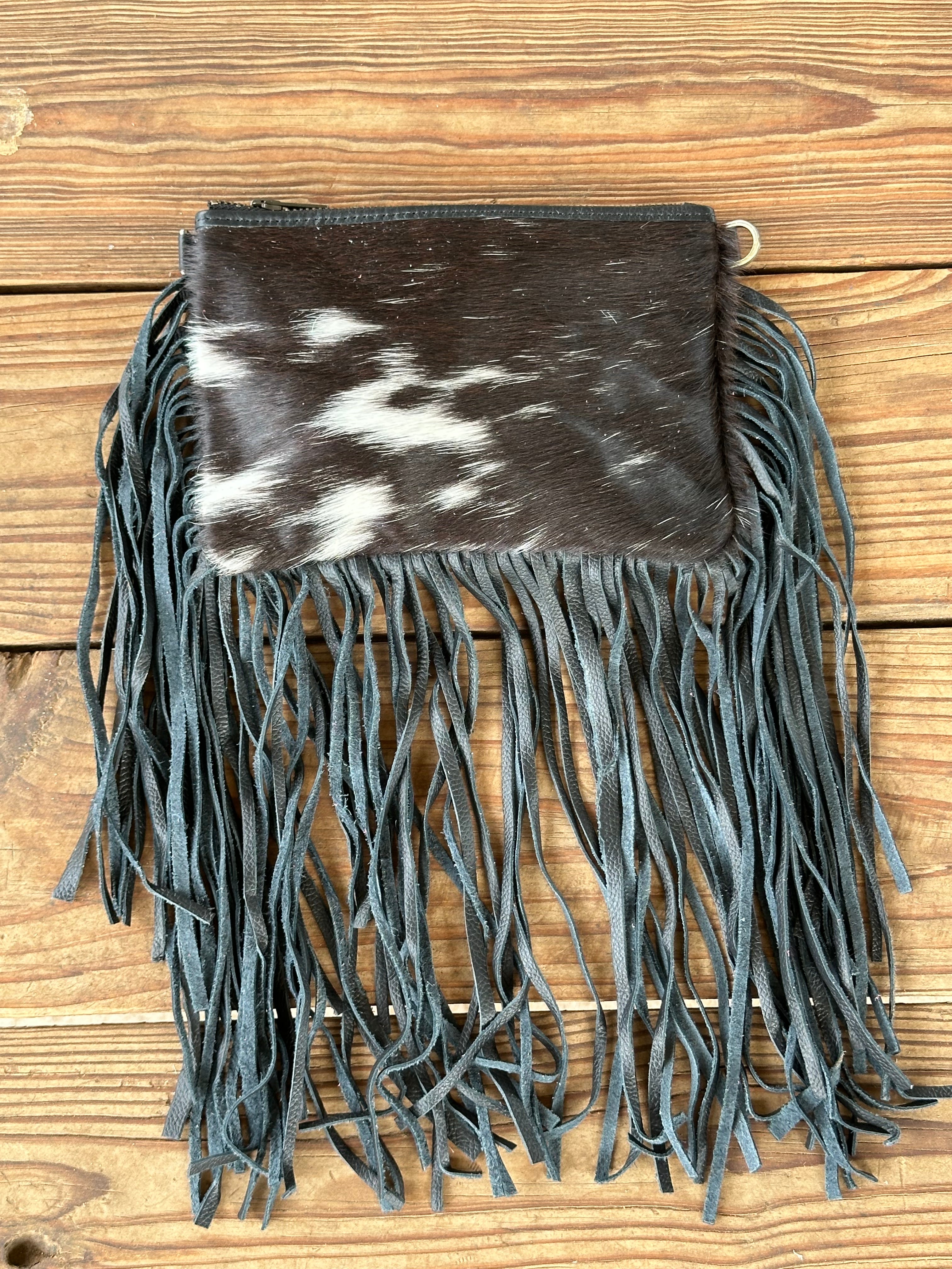 Genuine Leather Cowhide Tooled Cross Body Fringe Purse