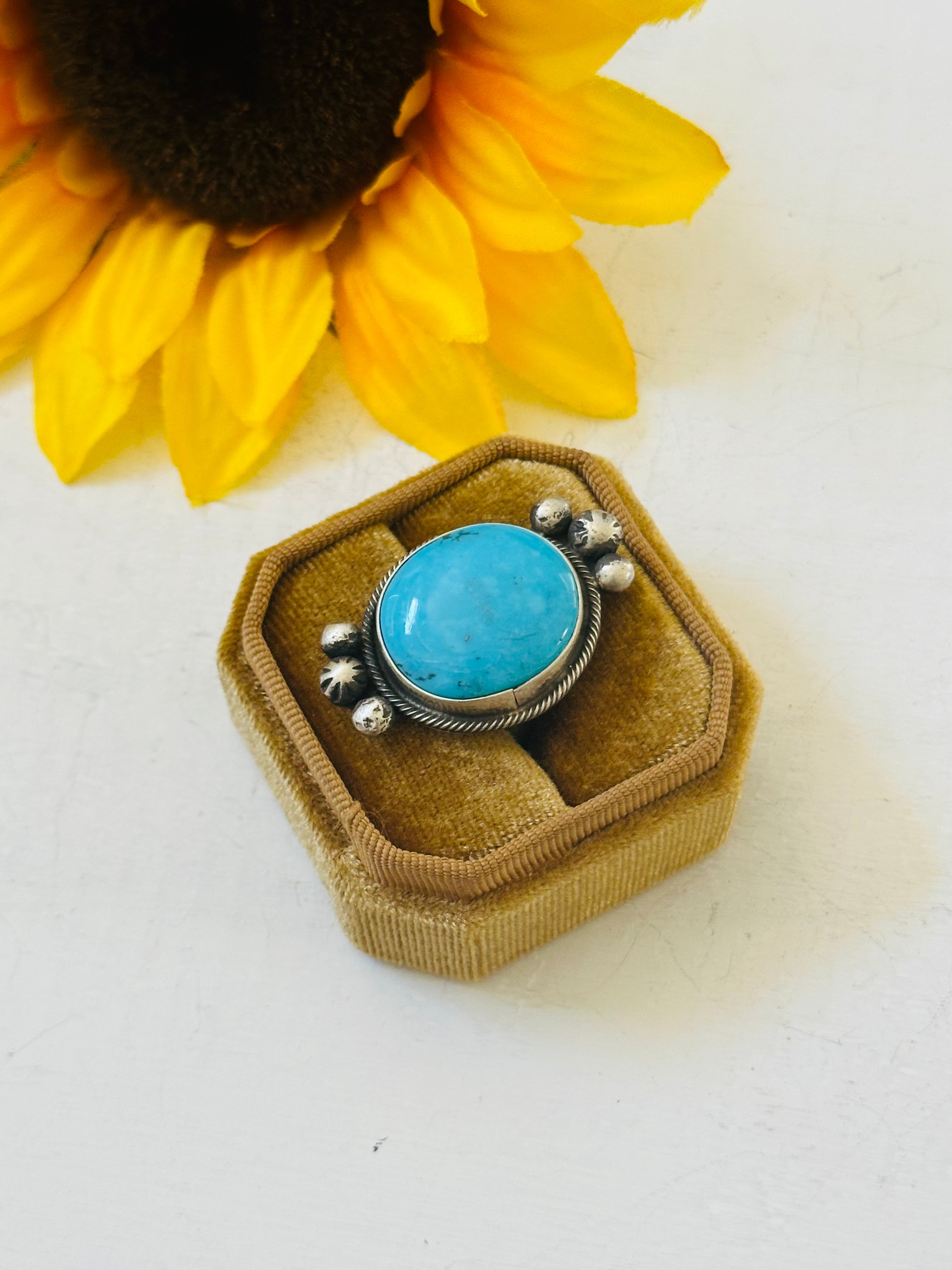 Navajo Made Kingman Turquoise & Sterling Silver Ring Size 6.5