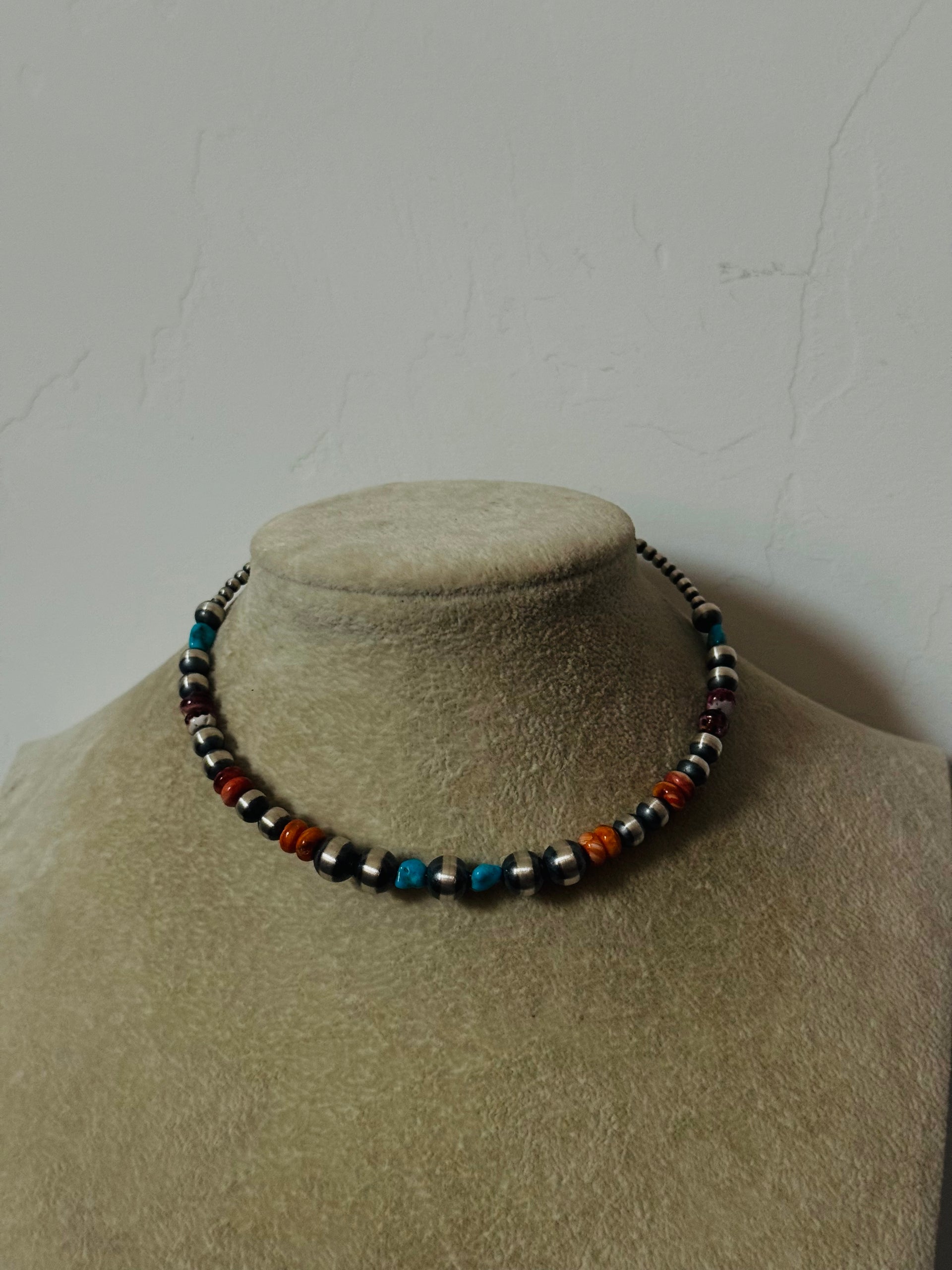 Navajo Strung Multi Stone & Graduated Sterling Silver Pearls Beaded Memory Wire Necklace