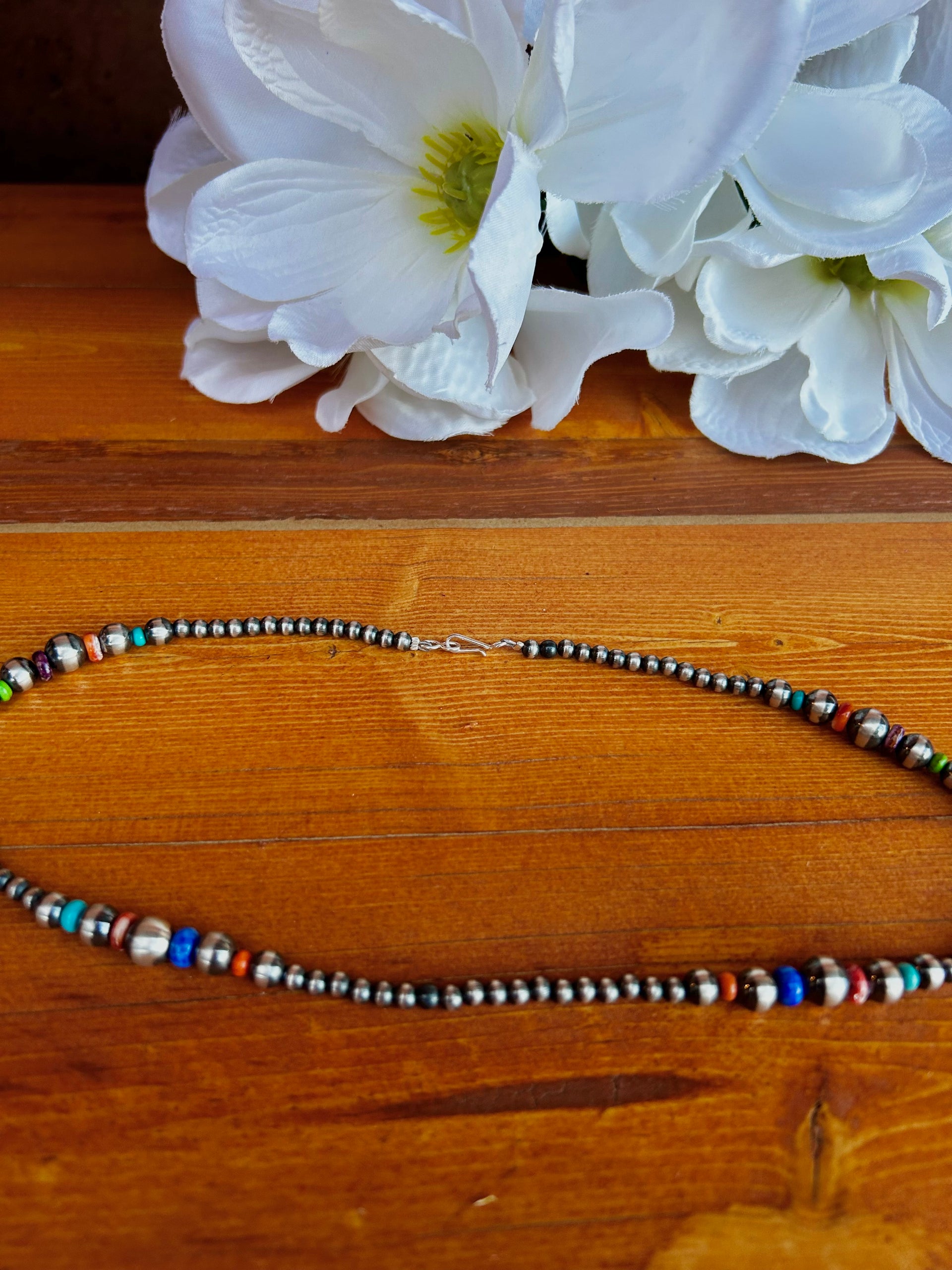 Navajo Strung Multi Stone & Sterling Silver Cluster Necklace
