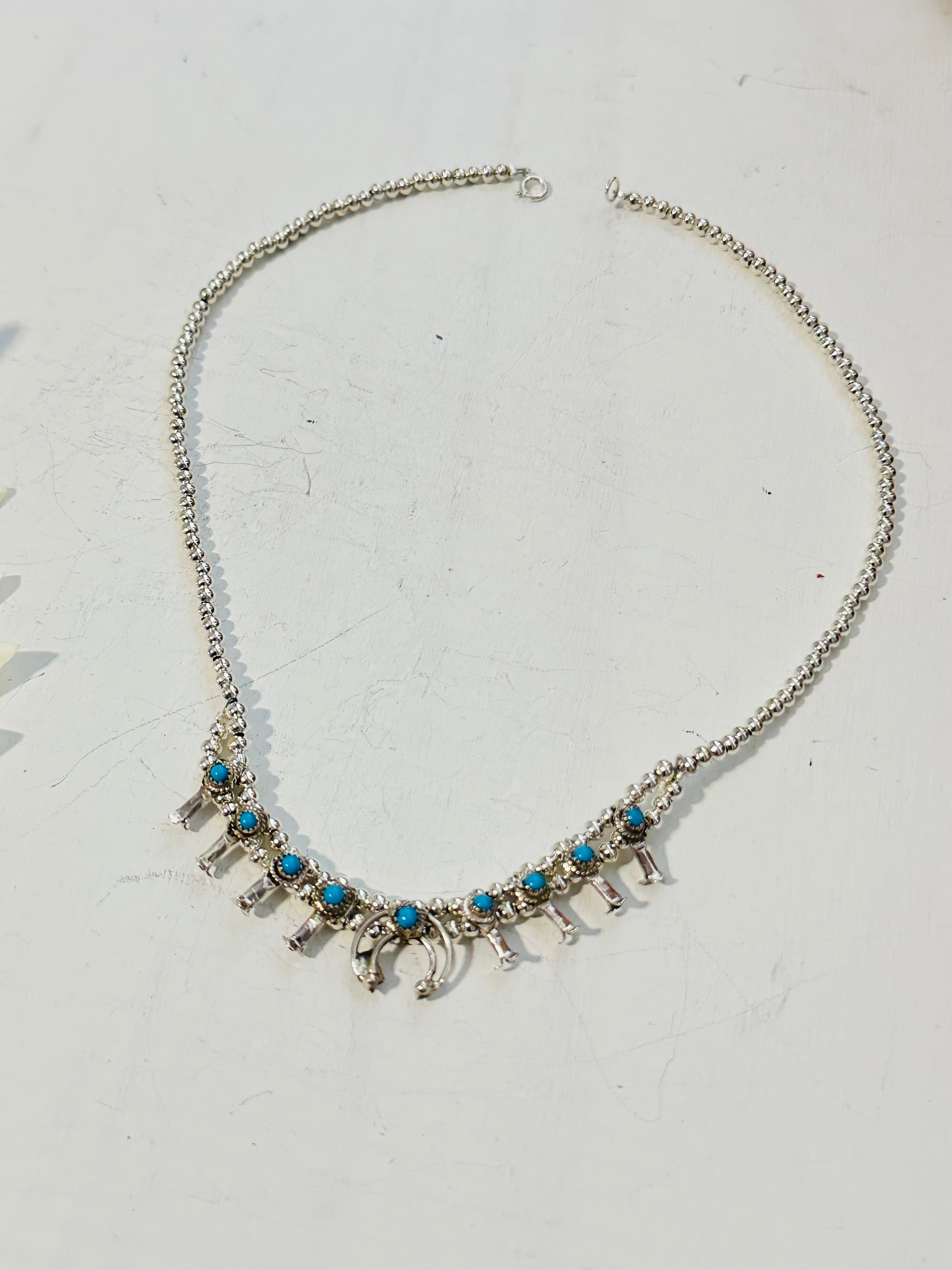 Navajo Made Kingman Turquoise & Sterling Silver Mini Squash Blossom Necklace