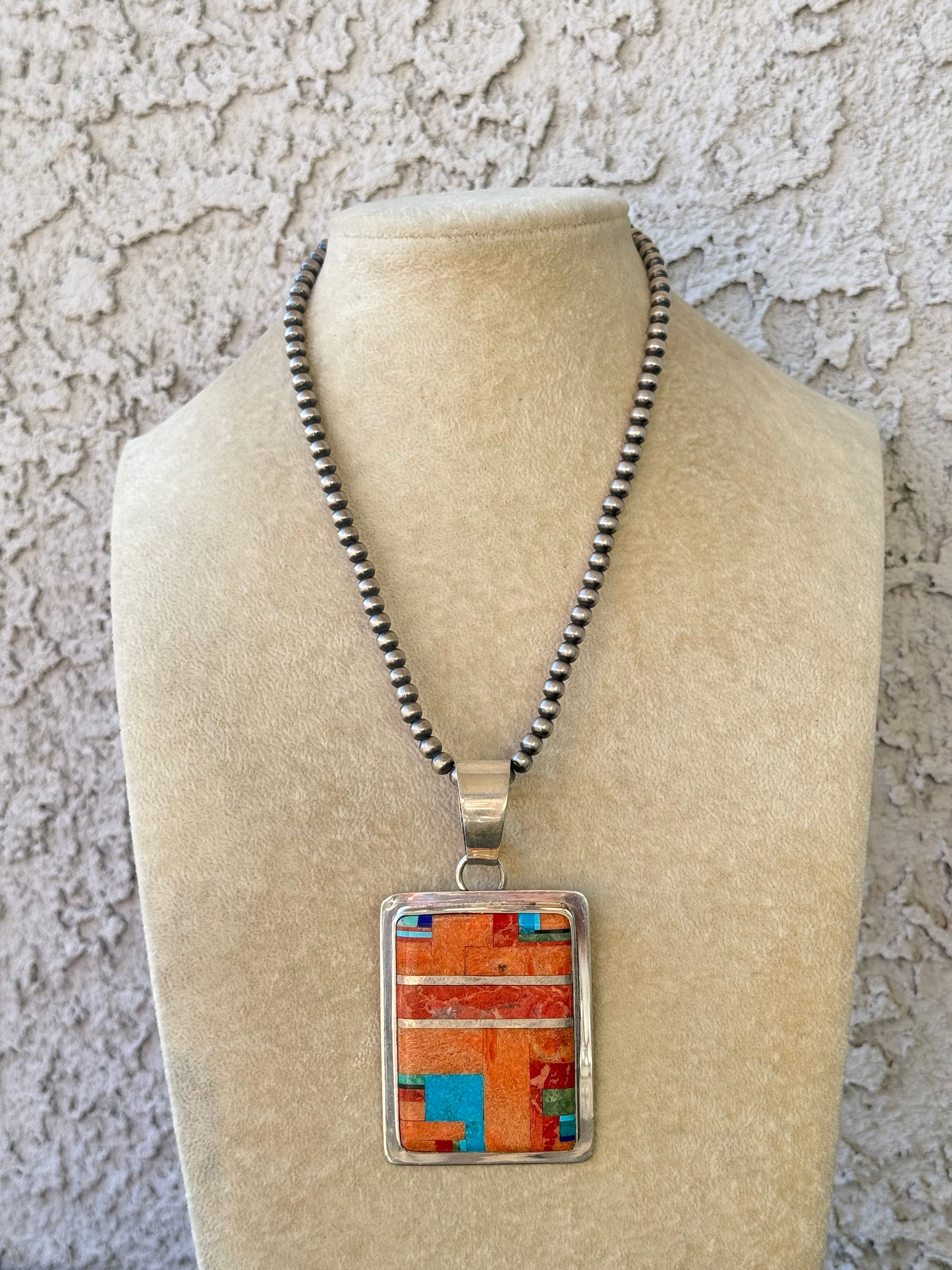 Navajo Made Multi Stone & Sterling Silver Inlay Pendant