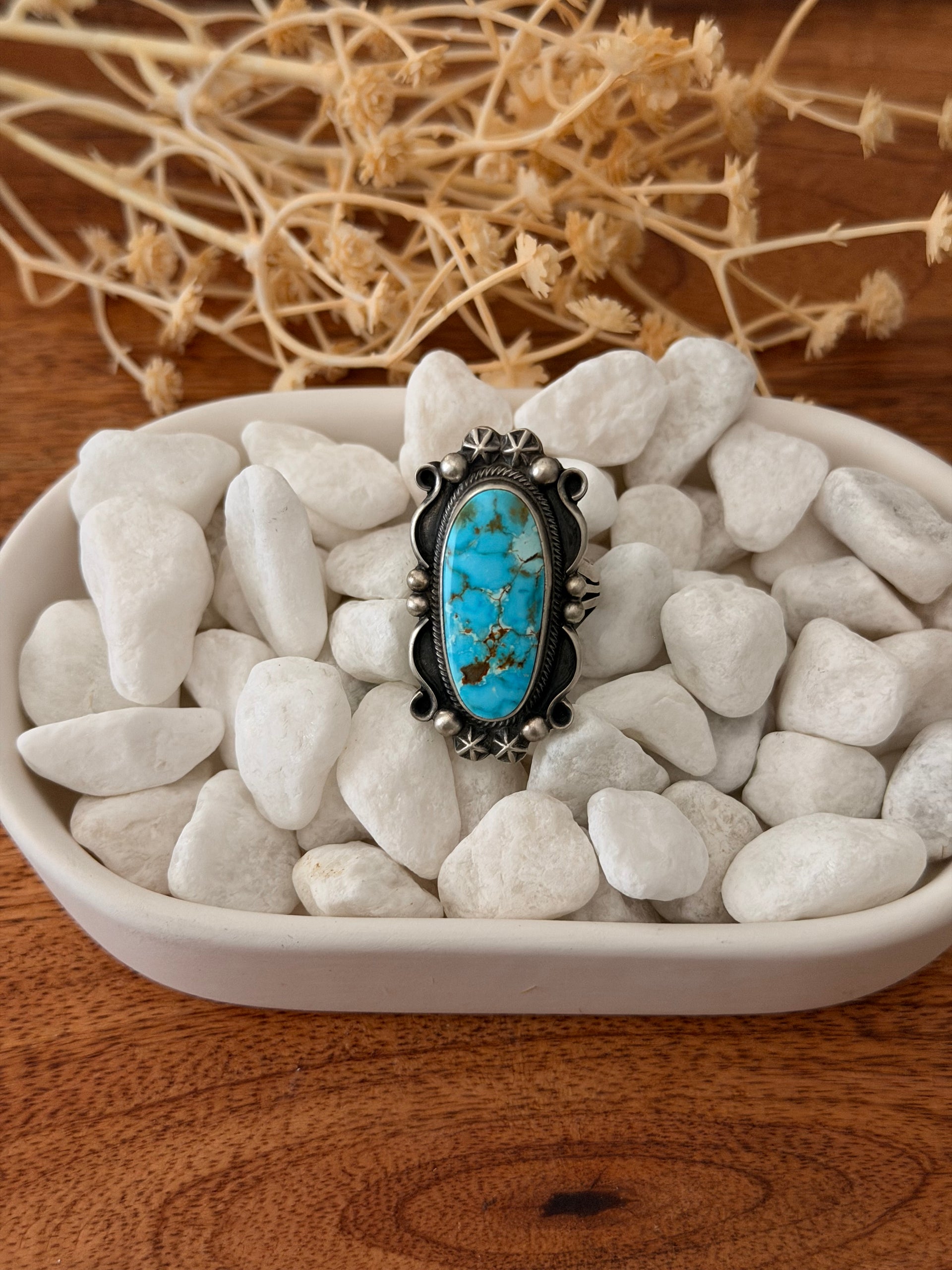 Navajo Made Kingman Turquoise & Sterling Silver Ring Size 7.75