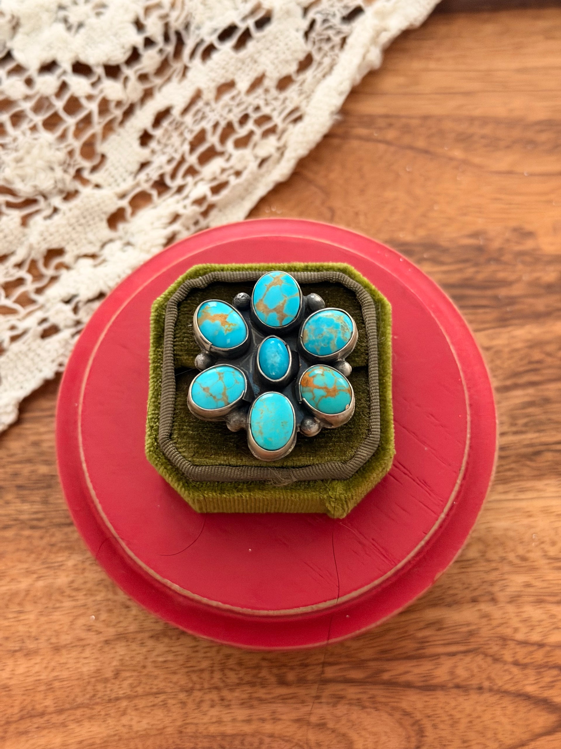 Navajo Made Kingman Turquoise & Sterling Silver Adjustable Cluster Ring
