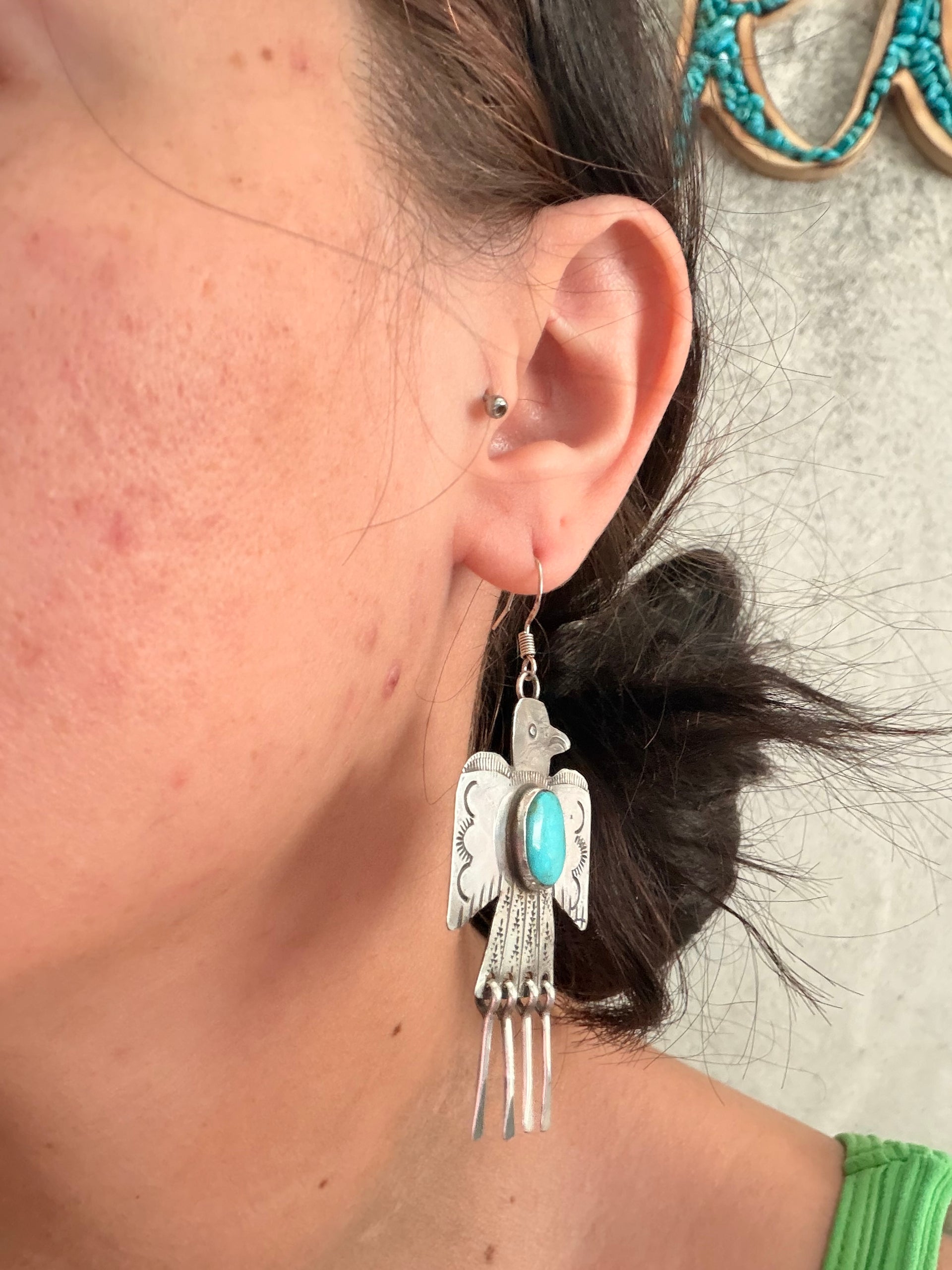 Vernon Begay Kingman Turquoise & Sterling Silver Dangle Thunderbird Earrings