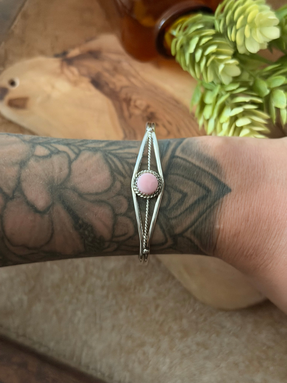 Navajo Made Pink Conch & Sterling Silver Cuff Bracelet