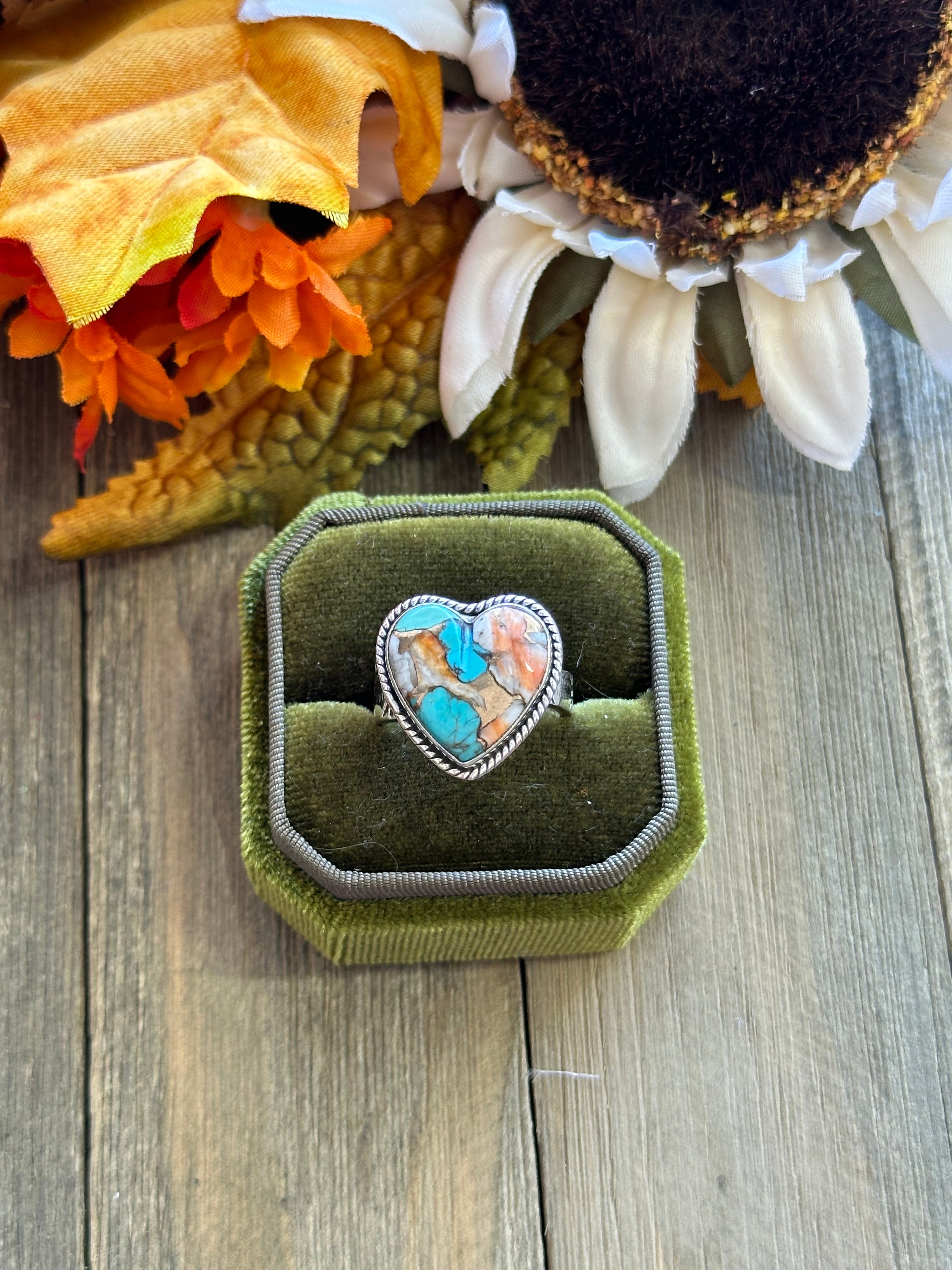 Southwest Handmade Mohave Turquoise & Sterling Silver Adjustable Heart Ring