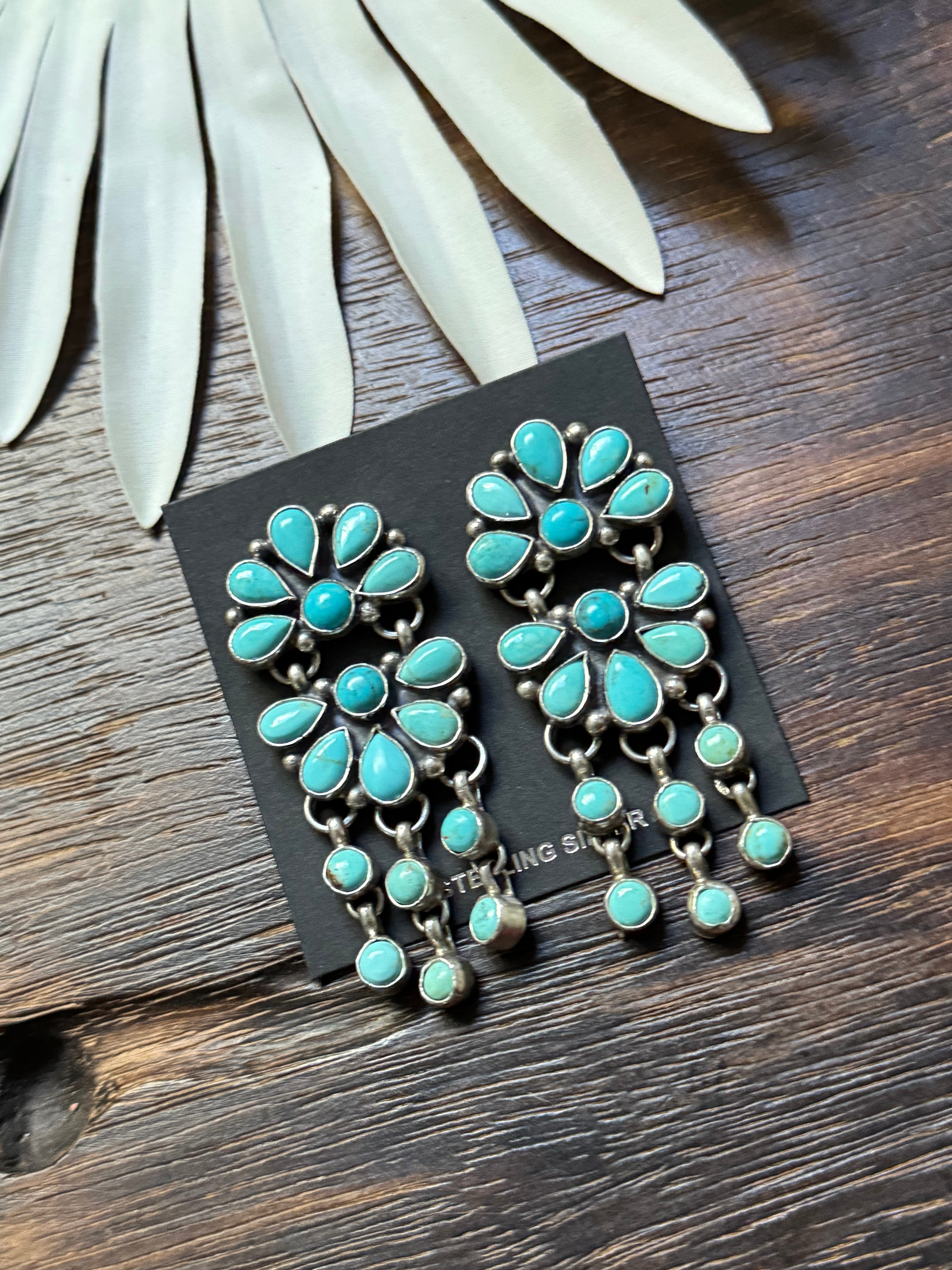 Navajo Made Kingman Turquoise & Sterling Silver Post Dangle Cluster Earrings