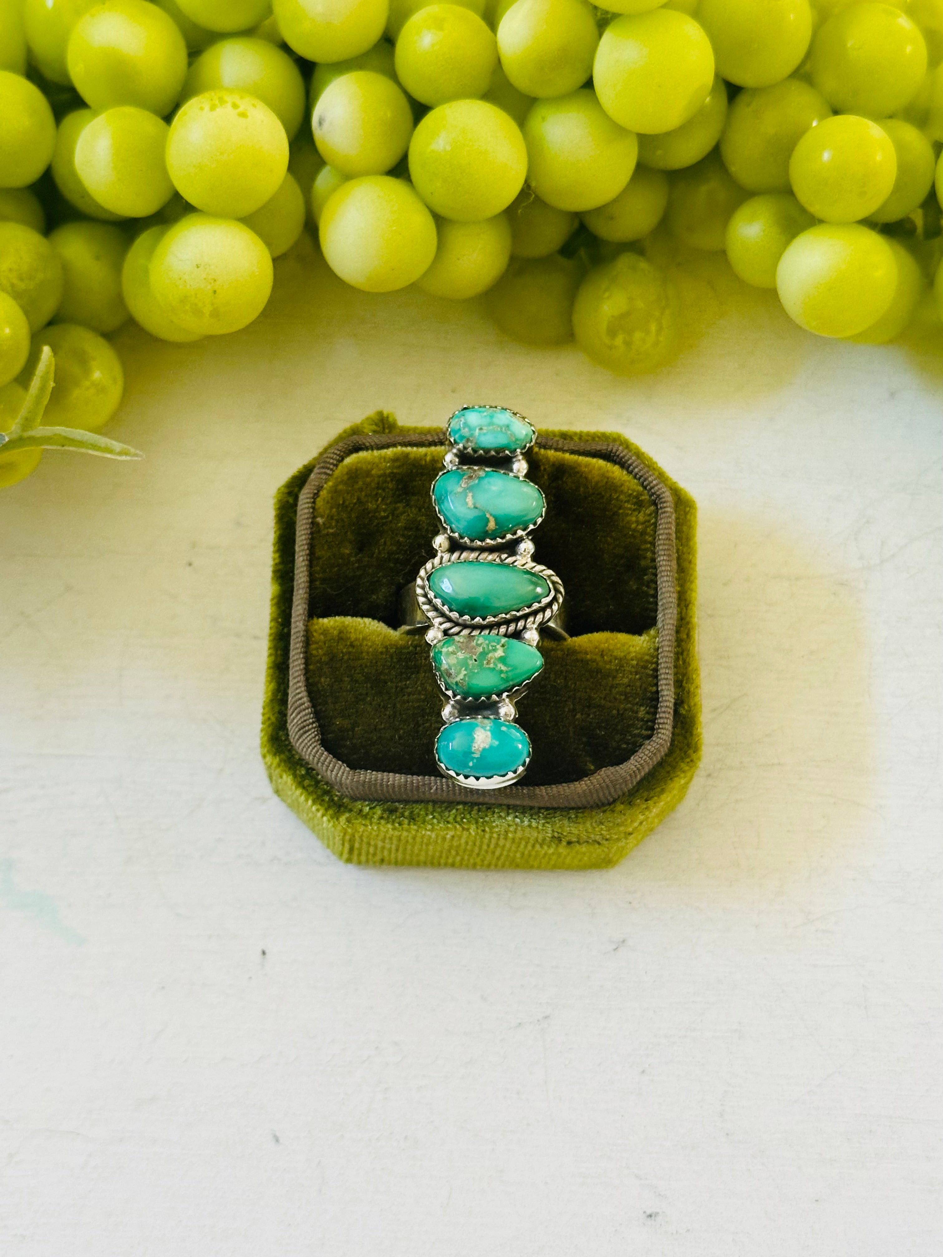 Southwest Handmade Emerald Valley Turquoise & Sterling Silver Adjustable Cluster Ring