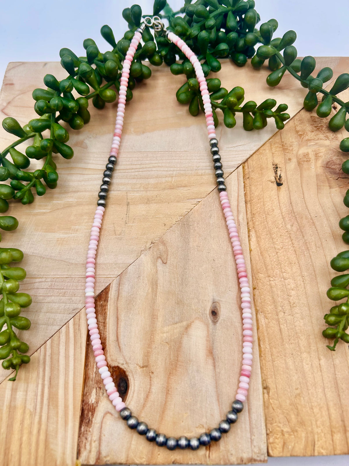 Navajo Made Strung Pink Conch & Sterling Silver Necklace